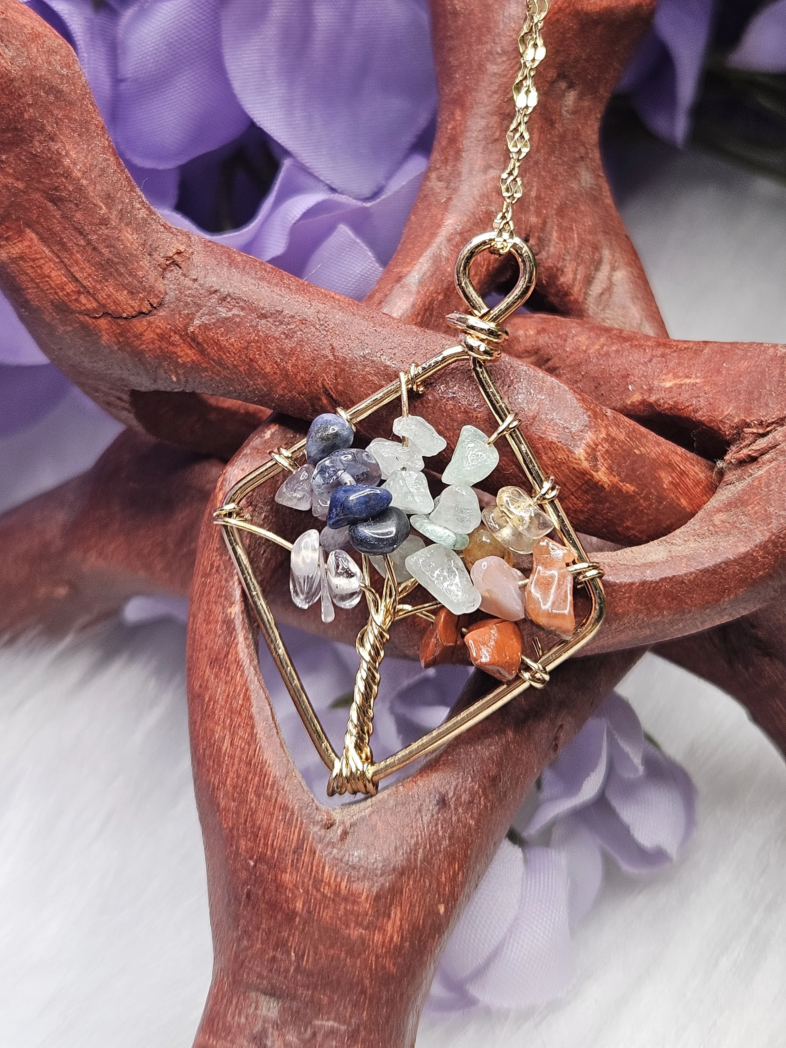 Wire Wrapped Chakra Chips Tree Diamond Pendant