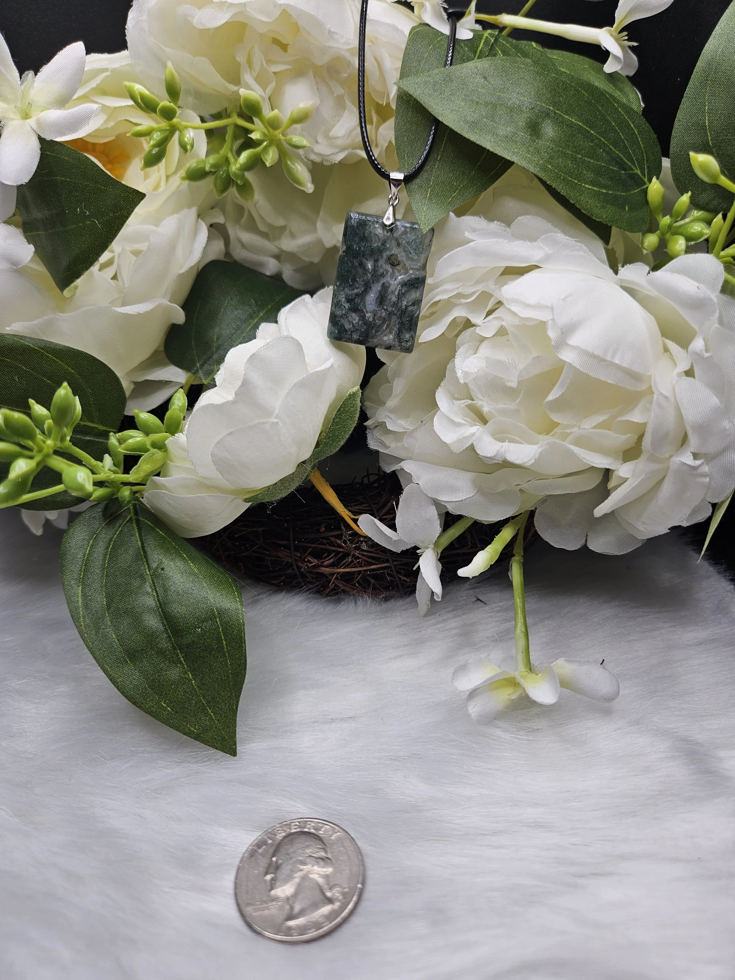 Moss Agate Rectangle on S925- Green Toned, Open Druzy