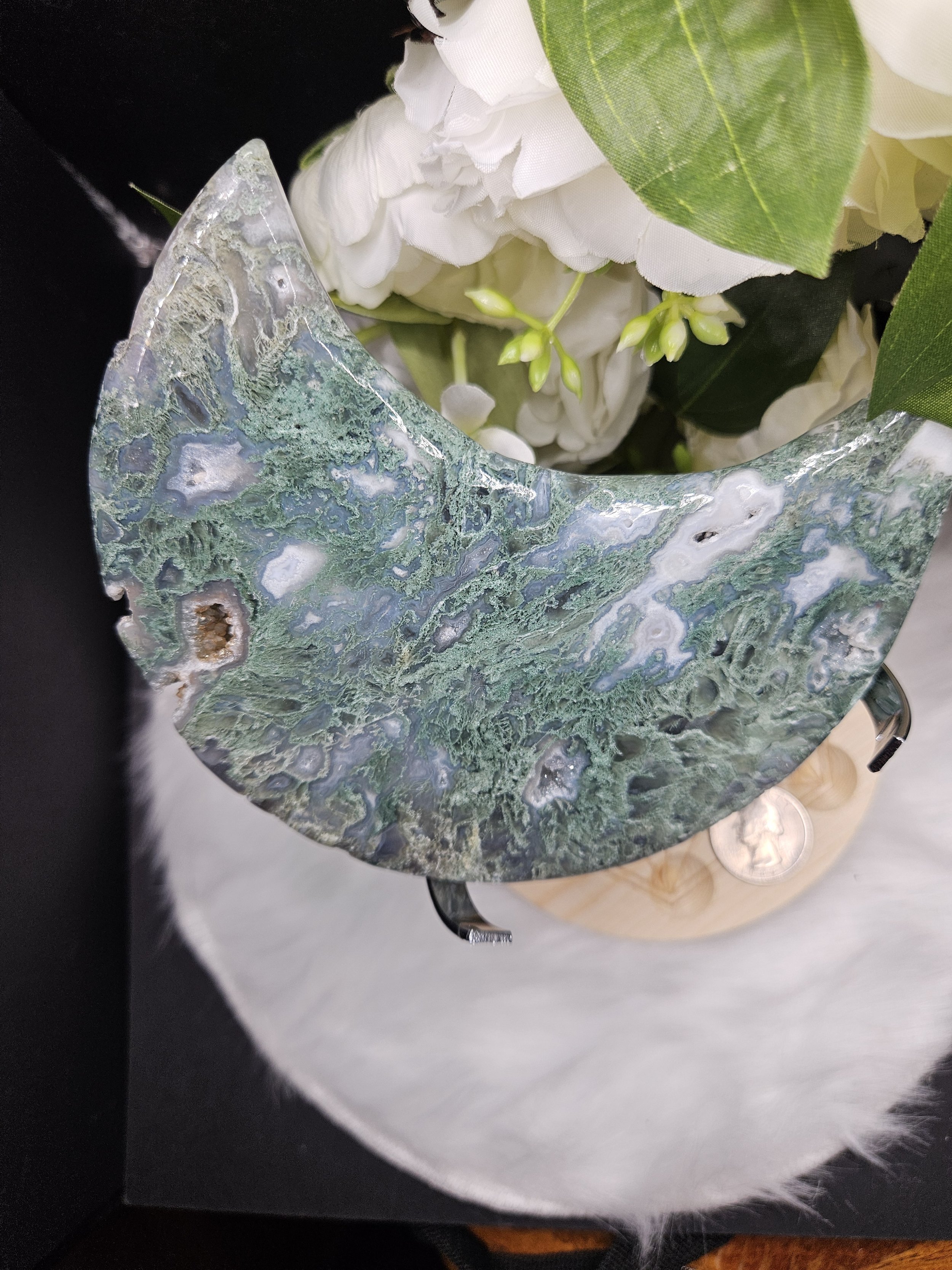 Moss Agate Moon Carving with Stand - 2 of 3 Green Feathers, Most Druzy