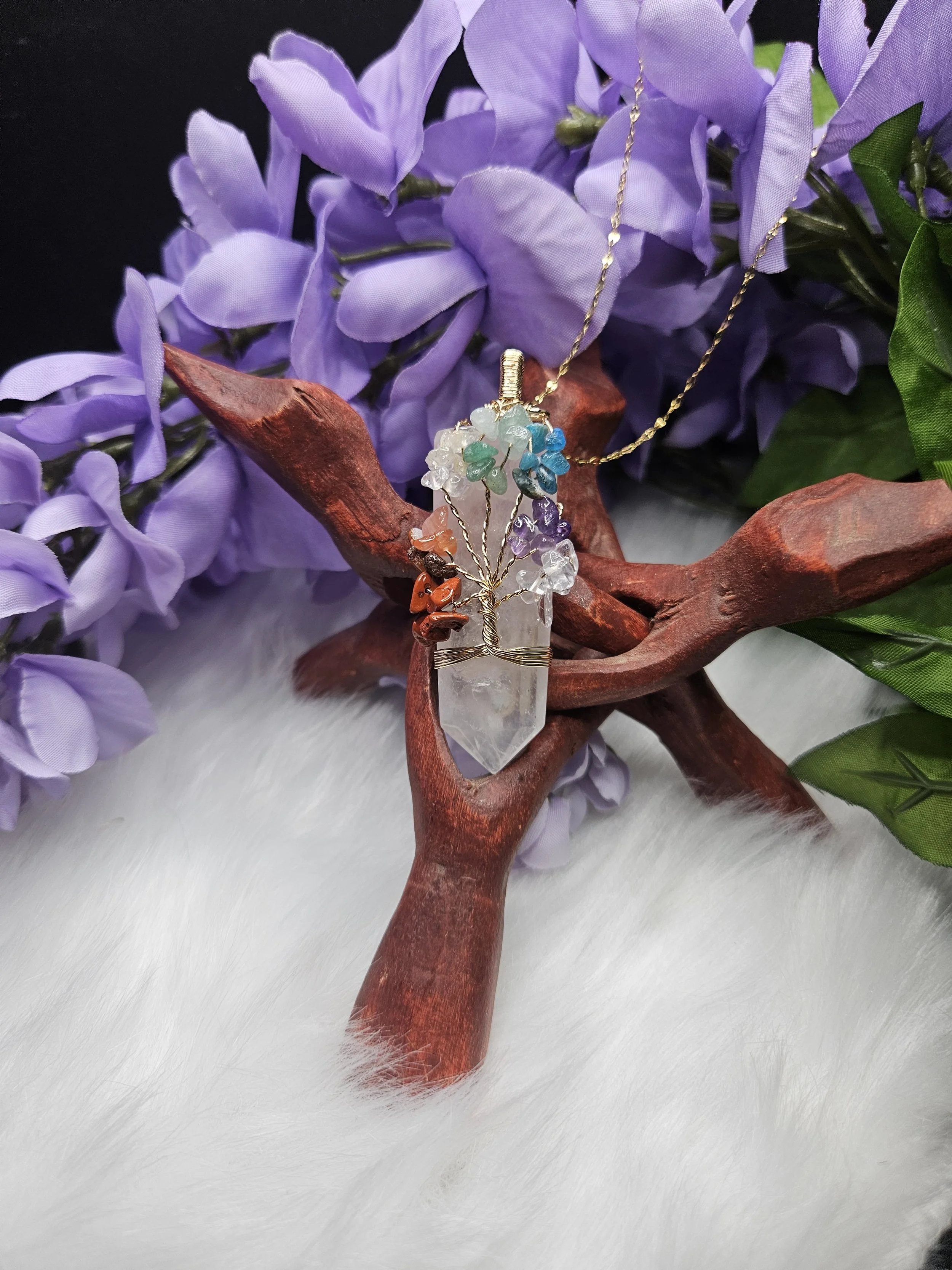 Clear Quartz Wire Wrapped Tree of Life Chakra Pendant