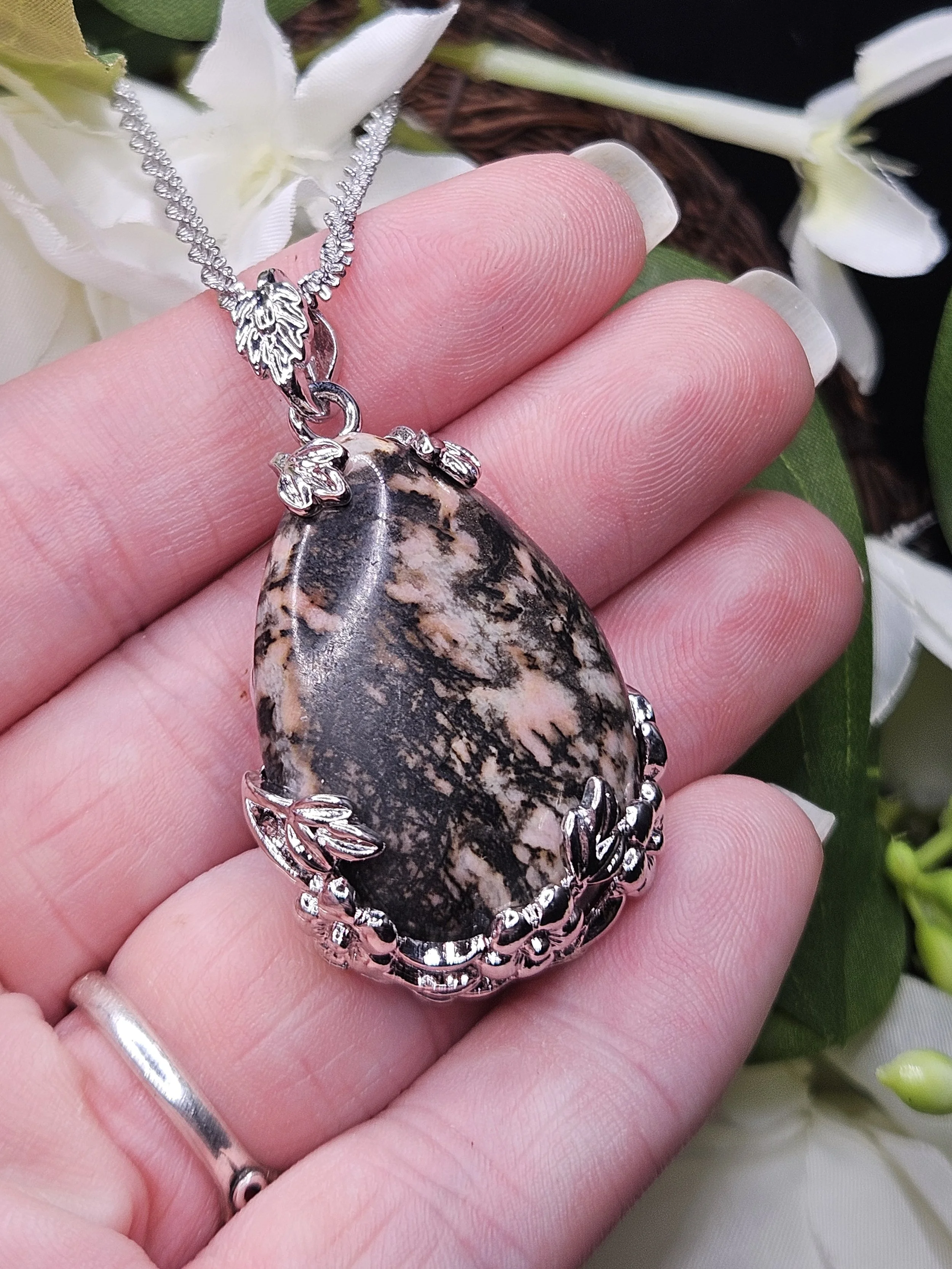 Elegant Rhodochrosite in Silver Rose Hanging