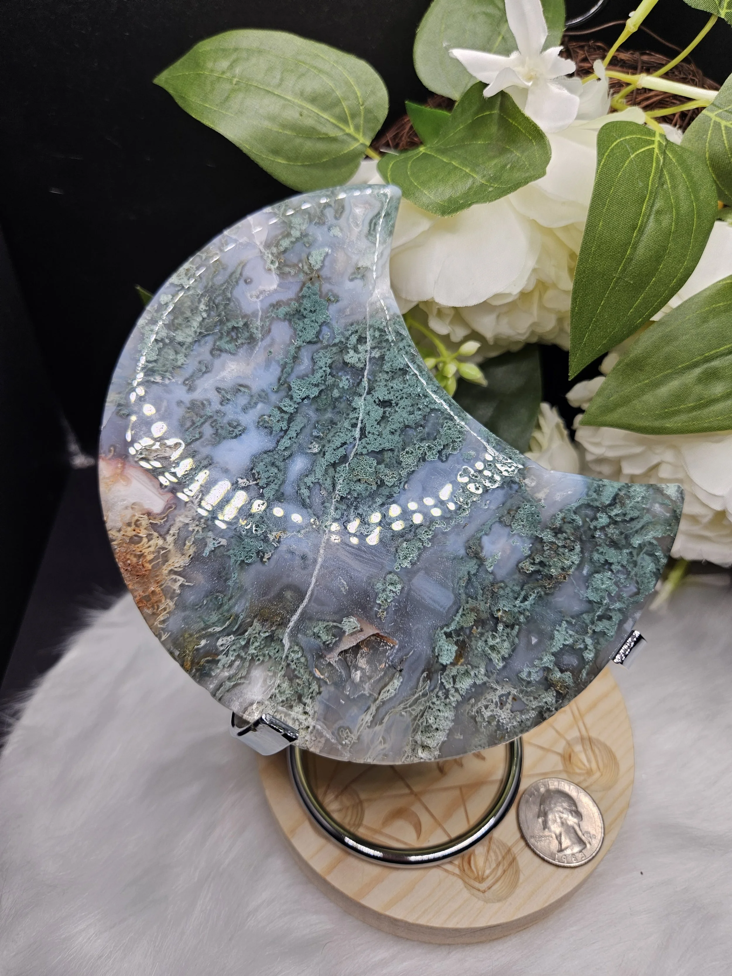 Moss Agate Moon Carving with Stand - 3 of 3 Green Feathers, Red Leaves Pocket