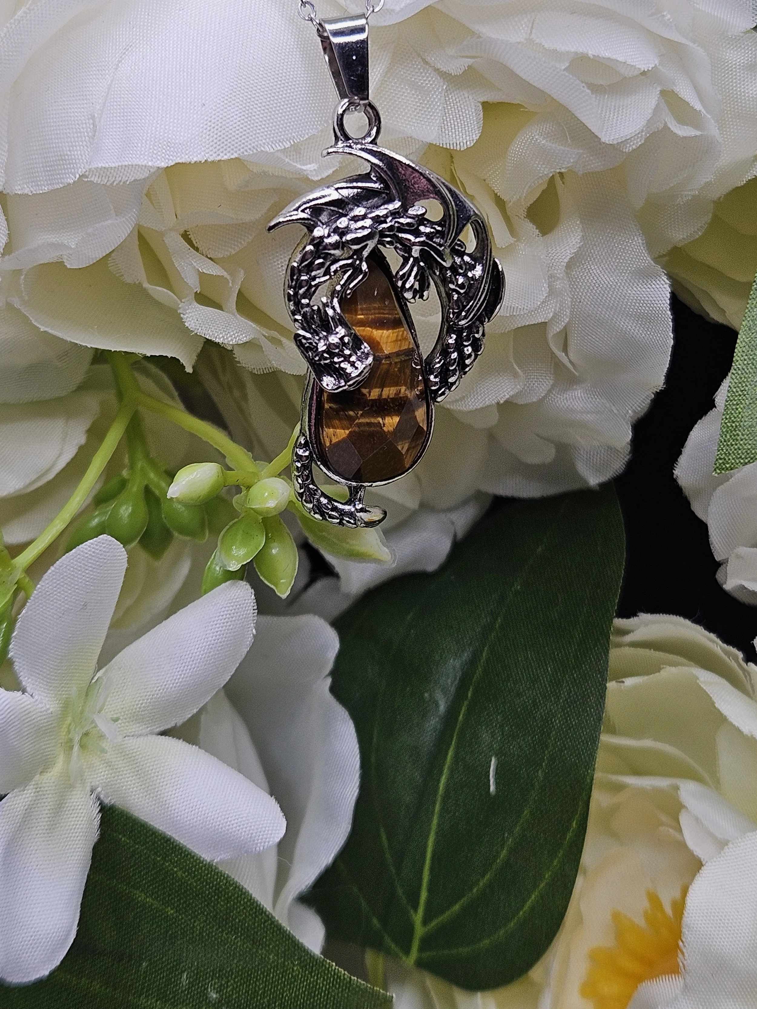 Tigers Eye Faceted Teardrop Dragon Pendant