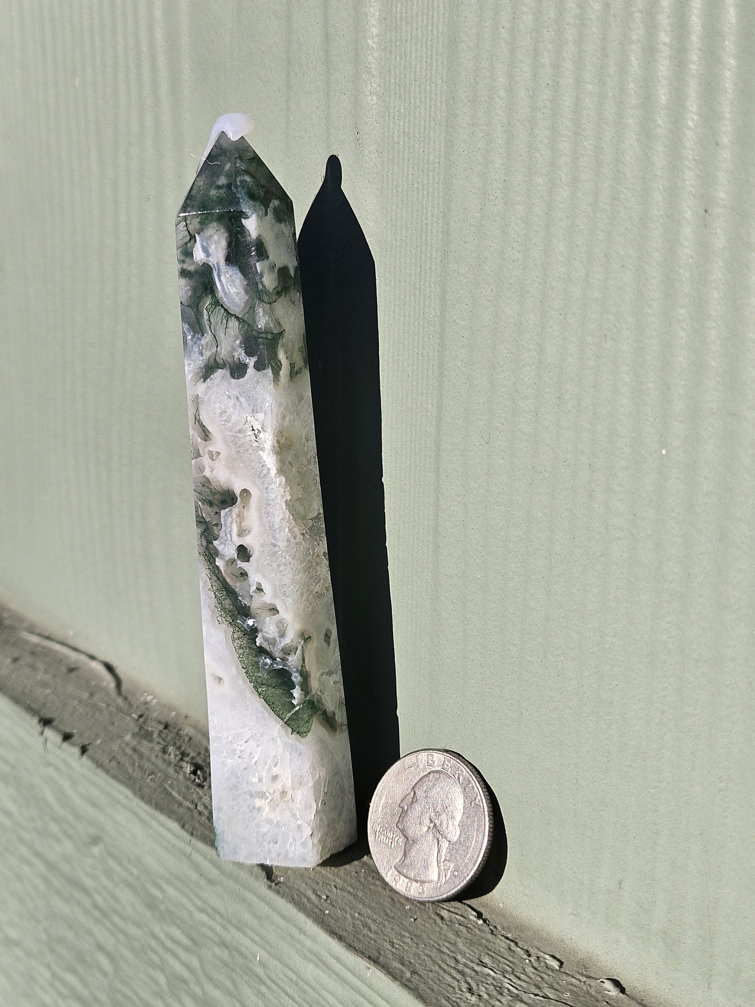 Moss Agate Tower - Extra Druzy Green Feathers