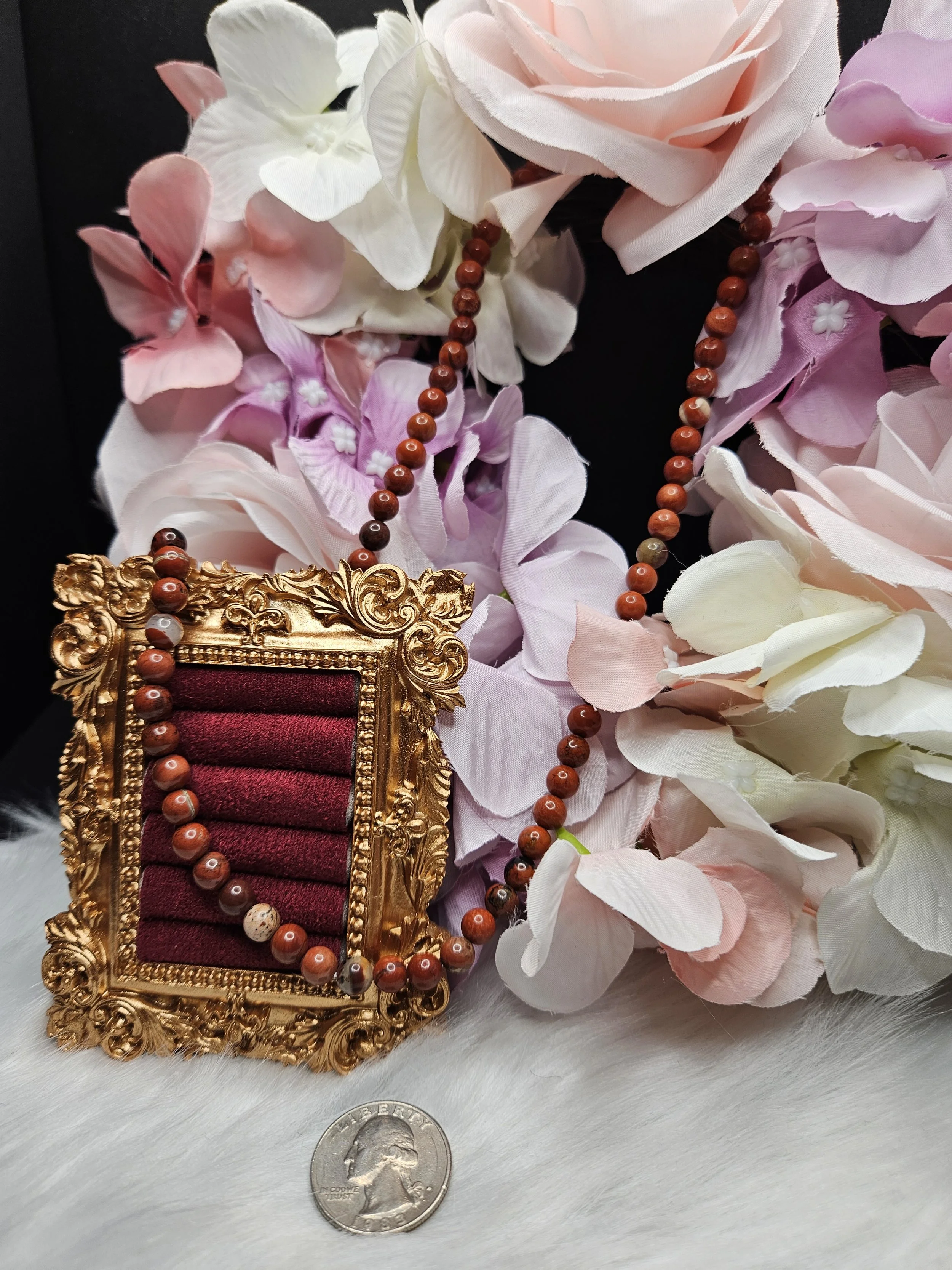 Red Jasper 6mm Necklace / Triple Wrap Bracelet, Elastic Style