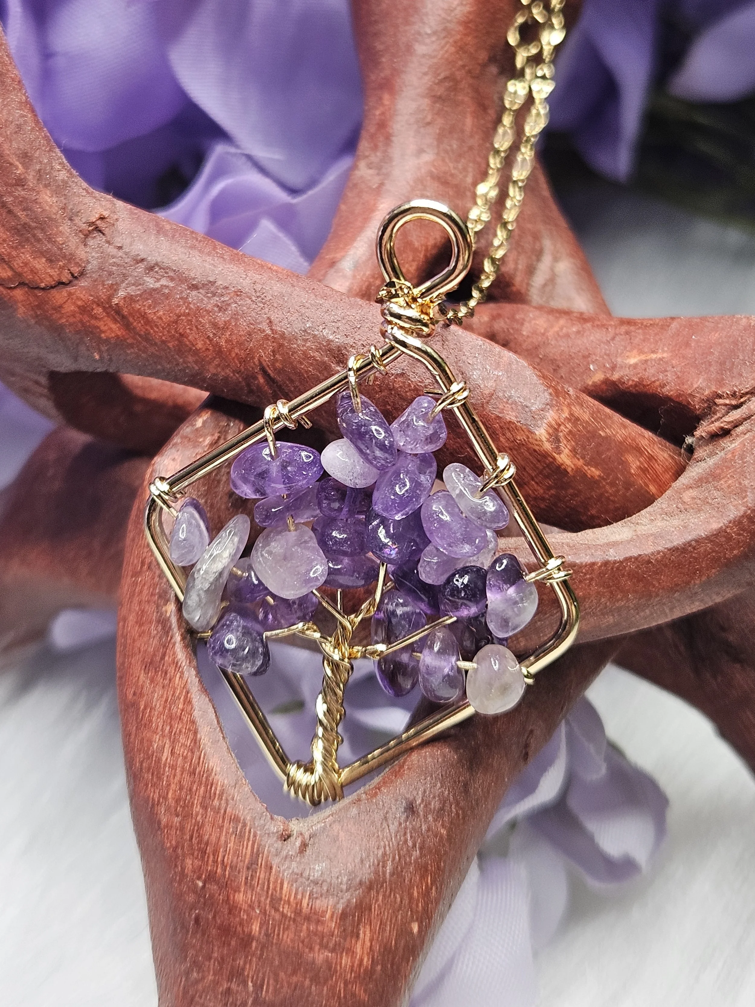 Wire Wrapped Amethyst Chips Tree Diamond Pendant
