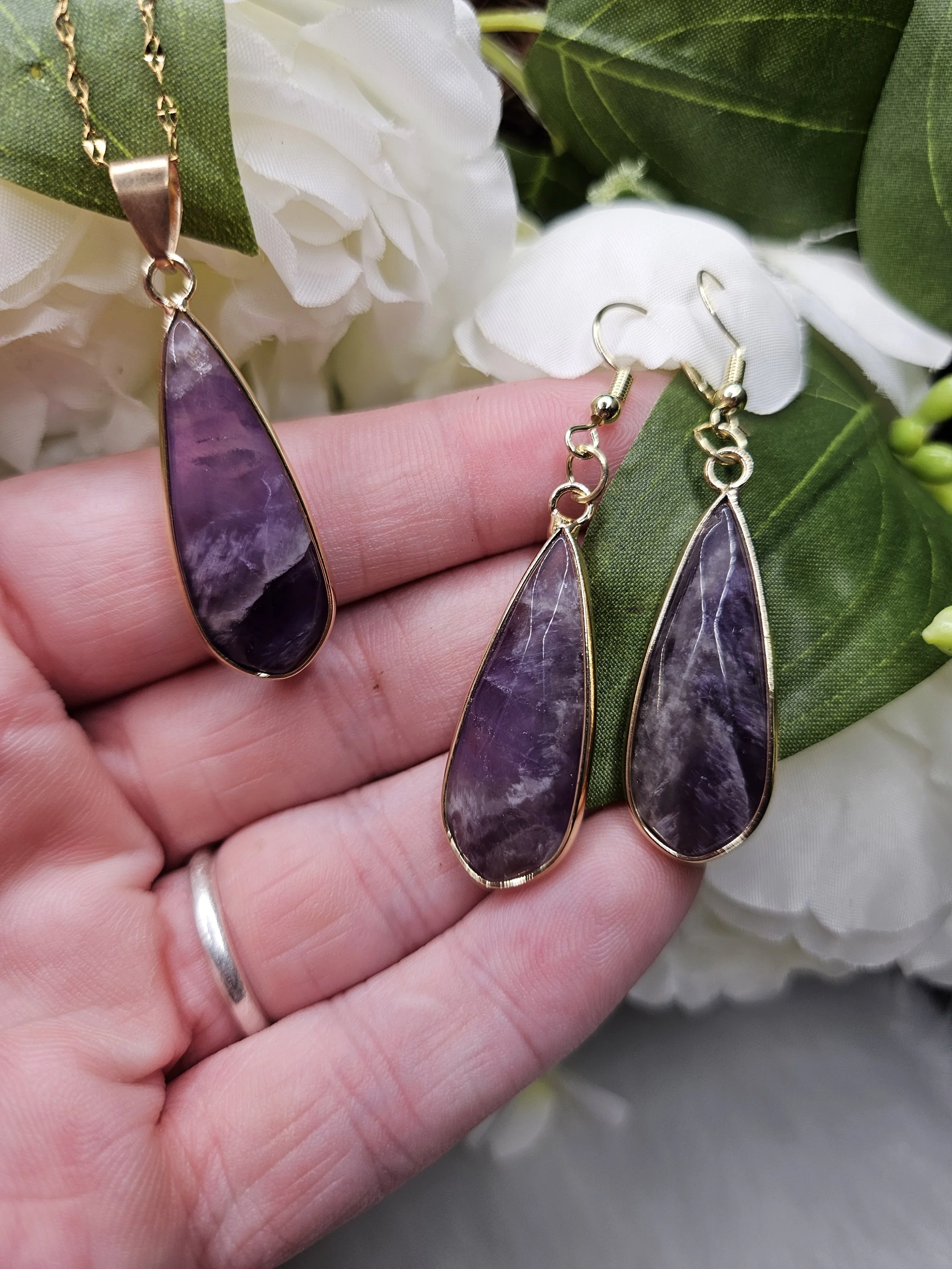 Lightly Faceted Dream Amethyst Teardrop Set in Gold - Earrings and Necklace