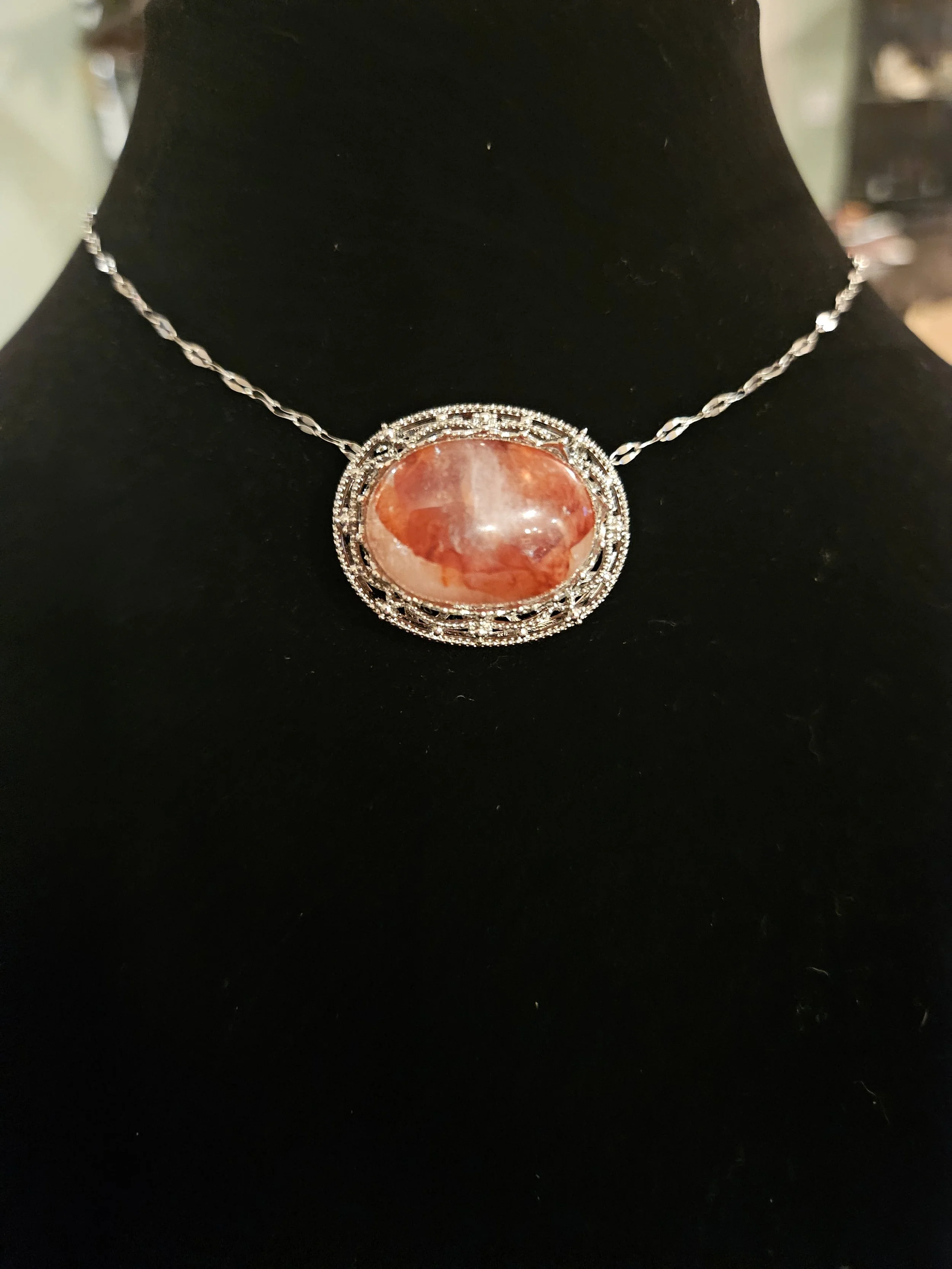 Fire Quartz Oval Pendant Necklace