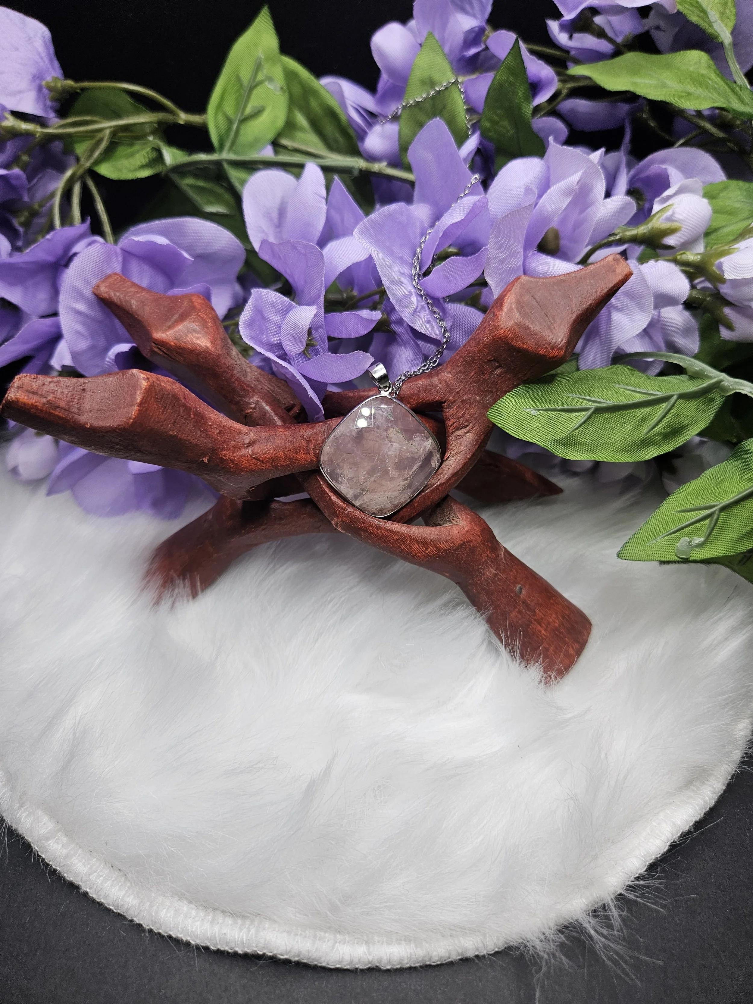 Rose Quartz See-through Silver Edged Faceted Square Pendant