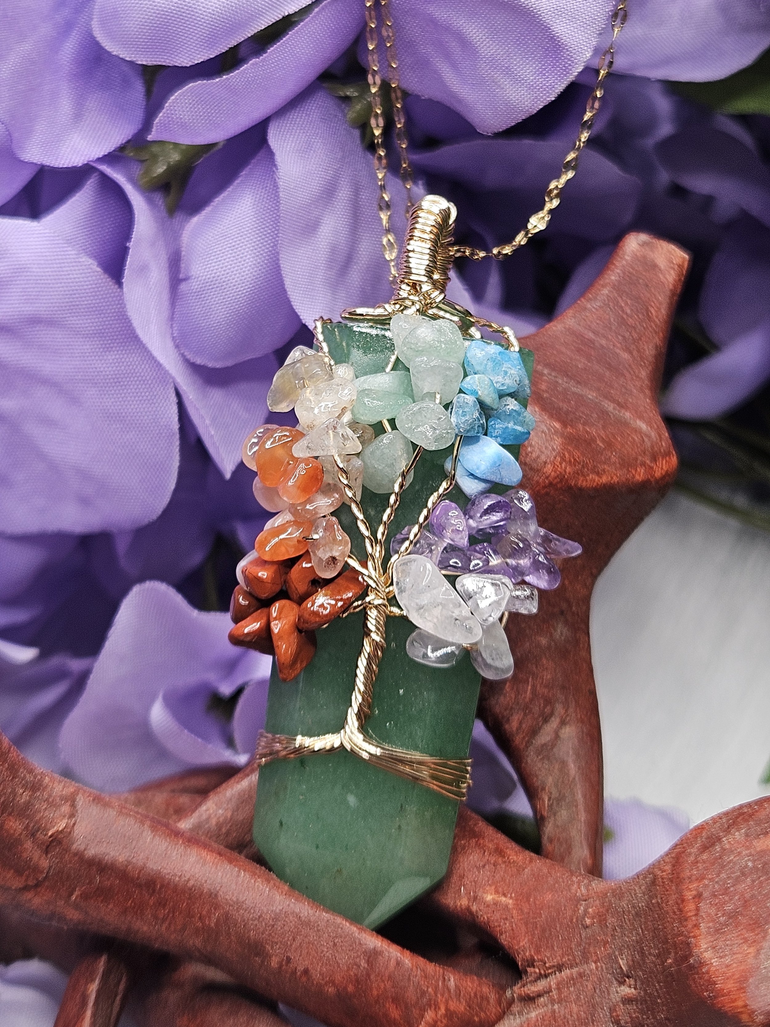 Green Strawberry Quartz Wire Wrapped Tree of Life Chakra Pendant