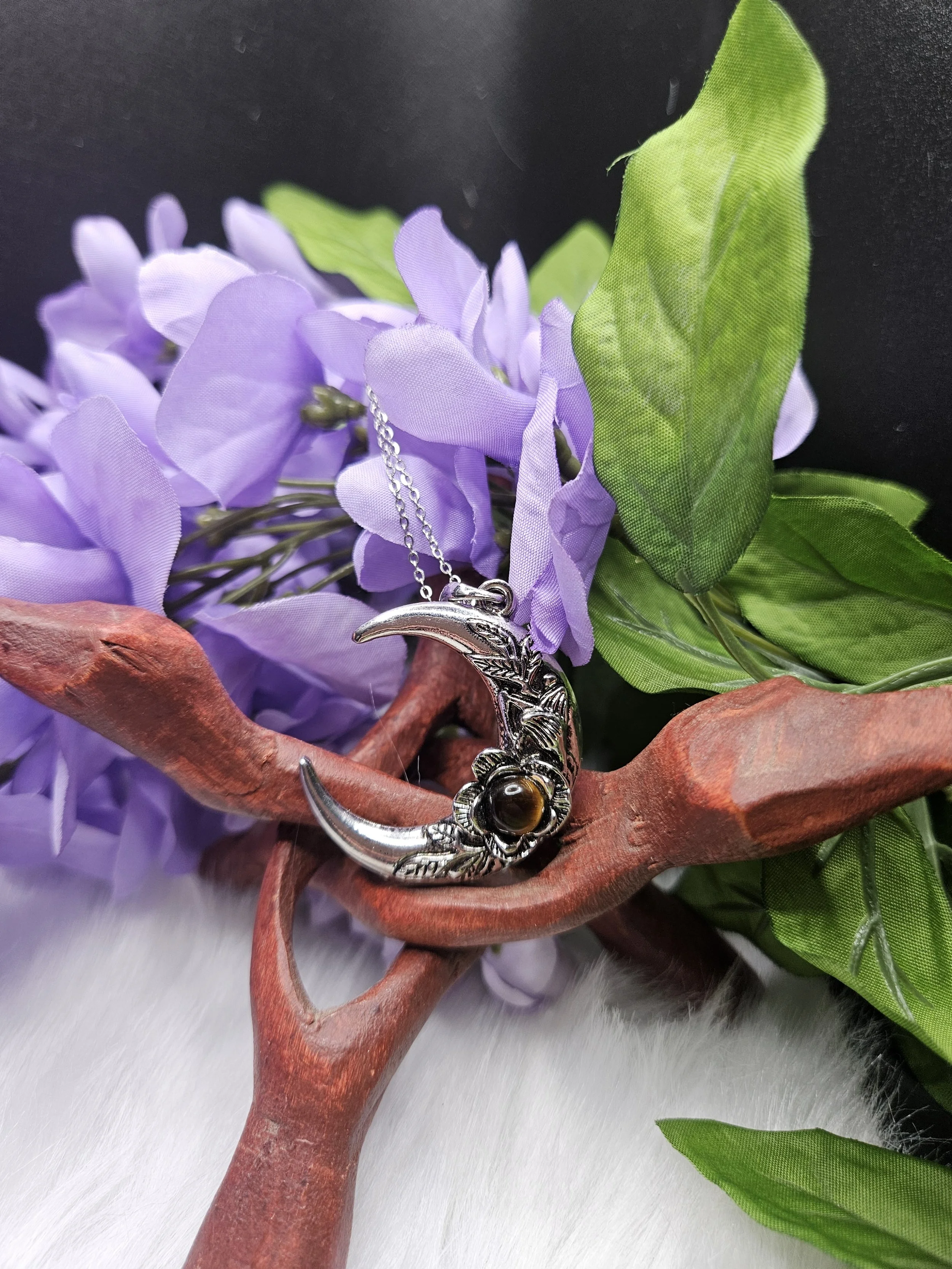 Cresent Moon with Roses and Tigers Eye Accent, Stainless