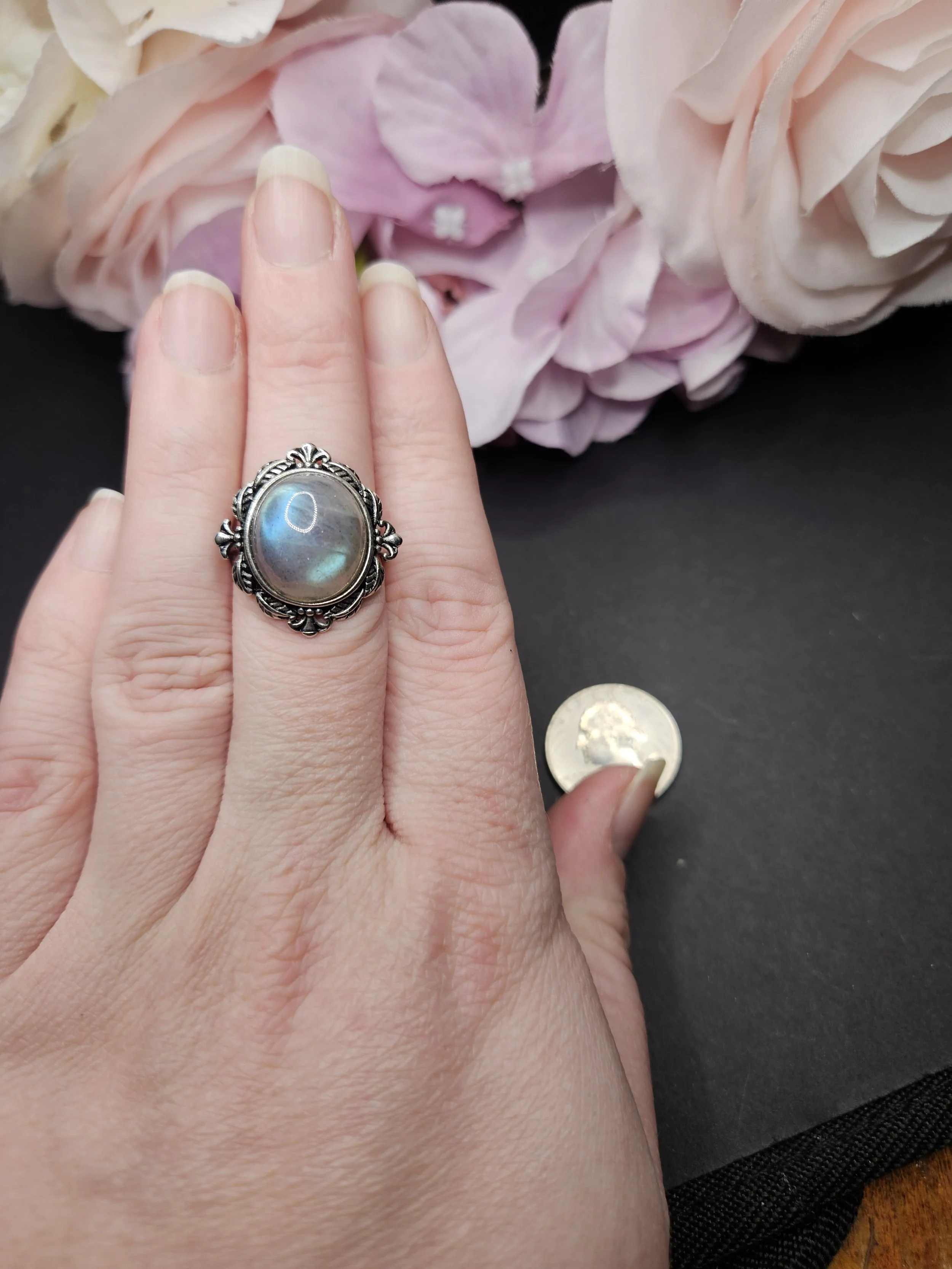 Vintage Inspired Adjustable Ring, Round - Blue Flash Moonstone