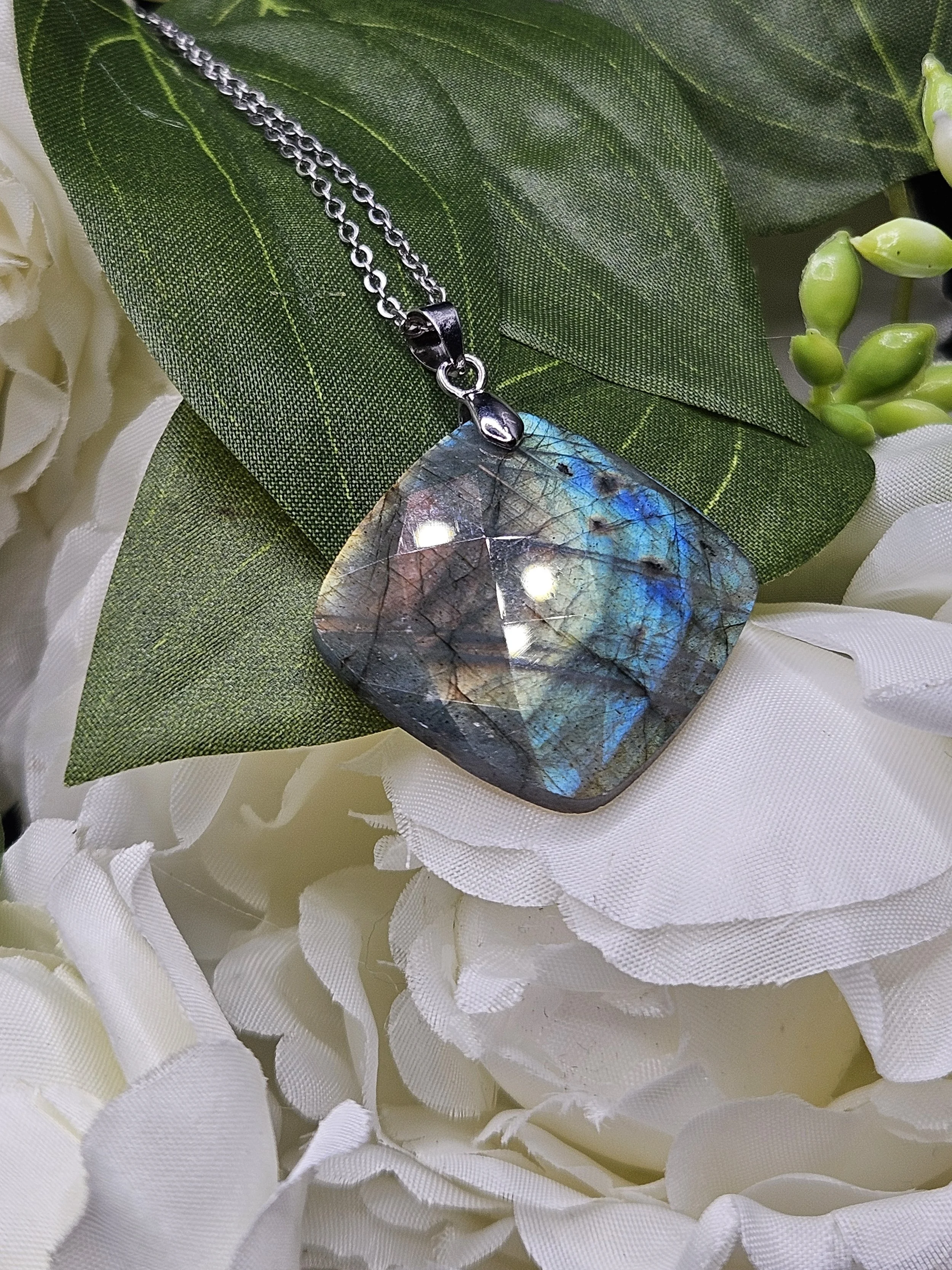 Blue Rainbow Flash Laboradorite Faceted Square Pendant Necklace