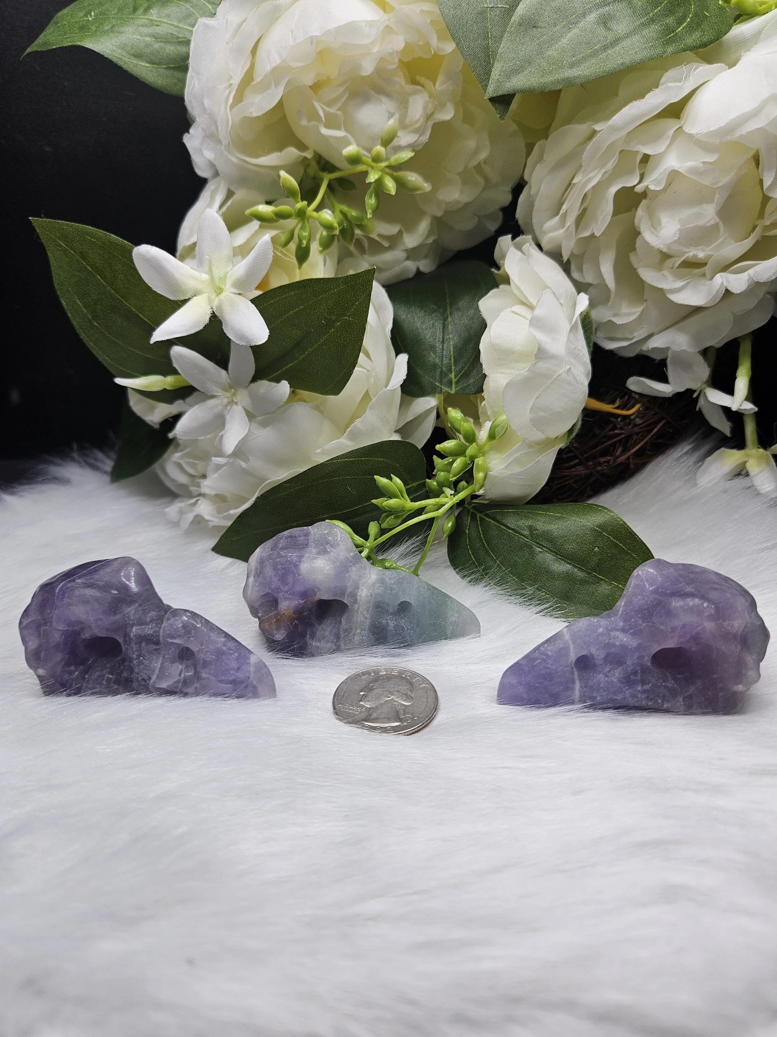 Rainbow Fluorite Raven Skull Carvings