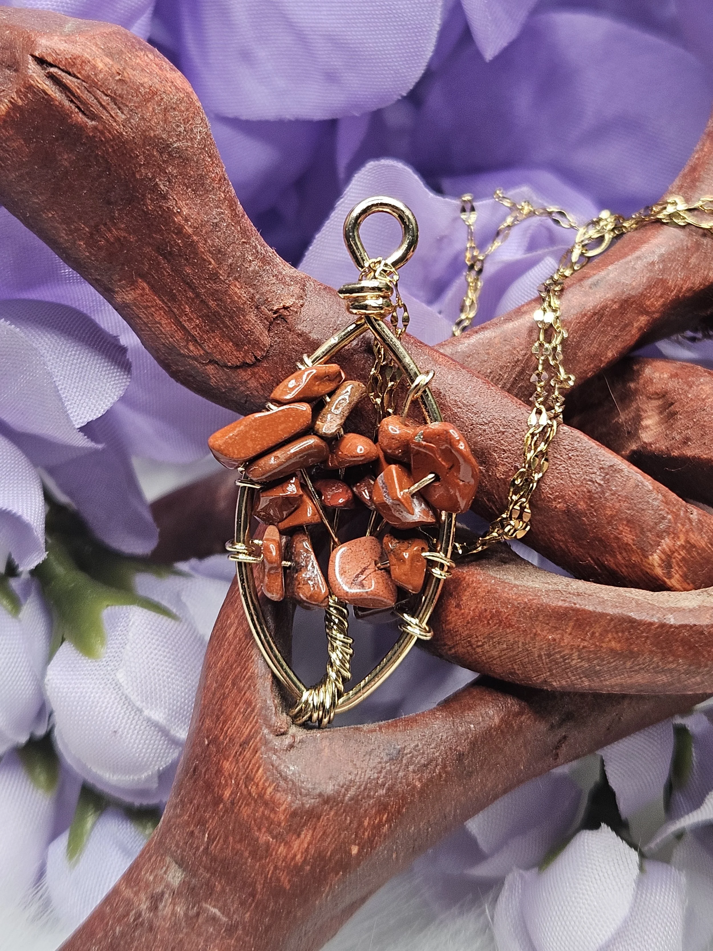 Red Jasper Chips Tree of Life Eye Wire Wrapped Pendant