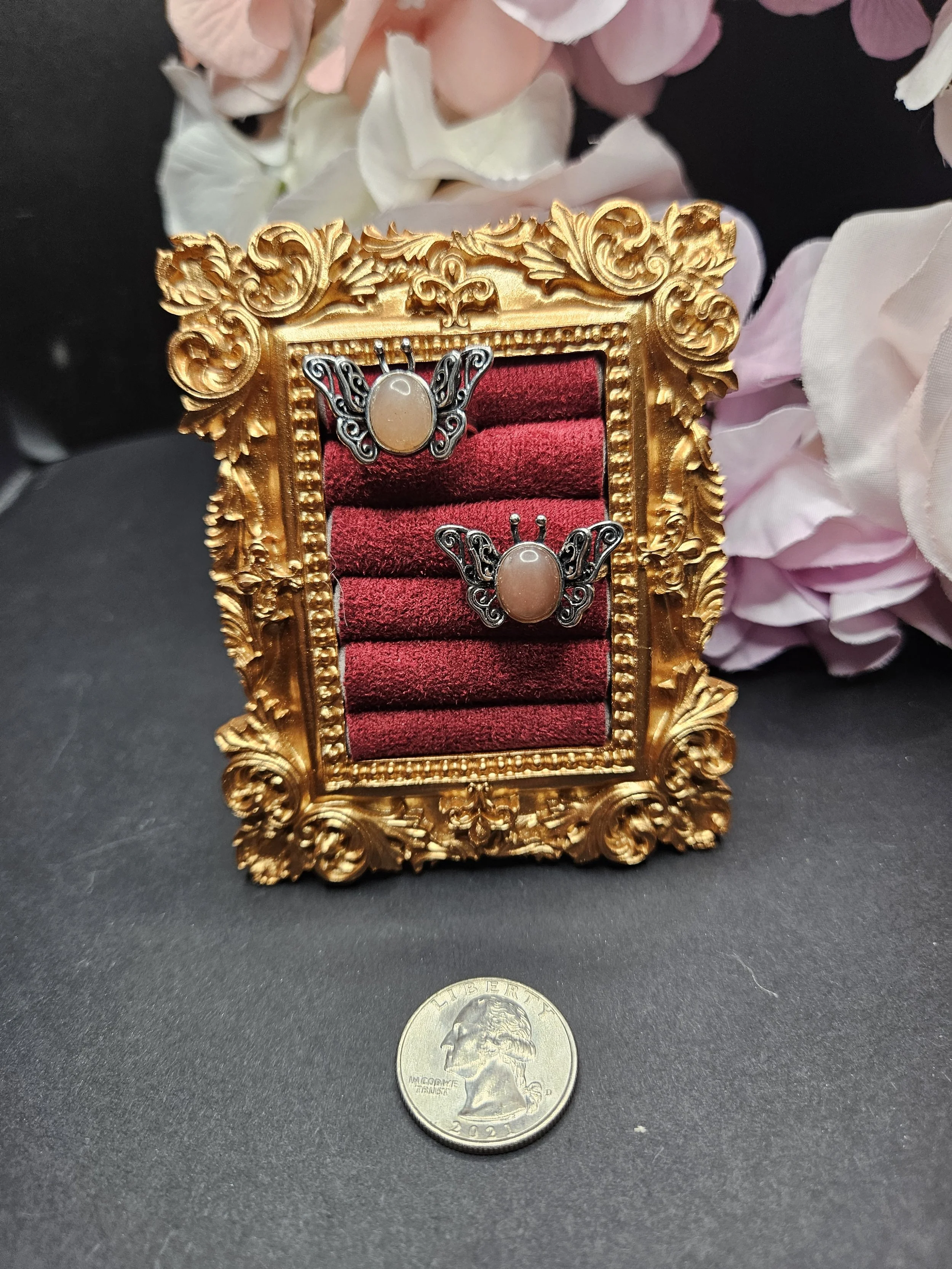 Vintage Inspired Adjustable Ring - Peach Moonstone w/ Butterflies