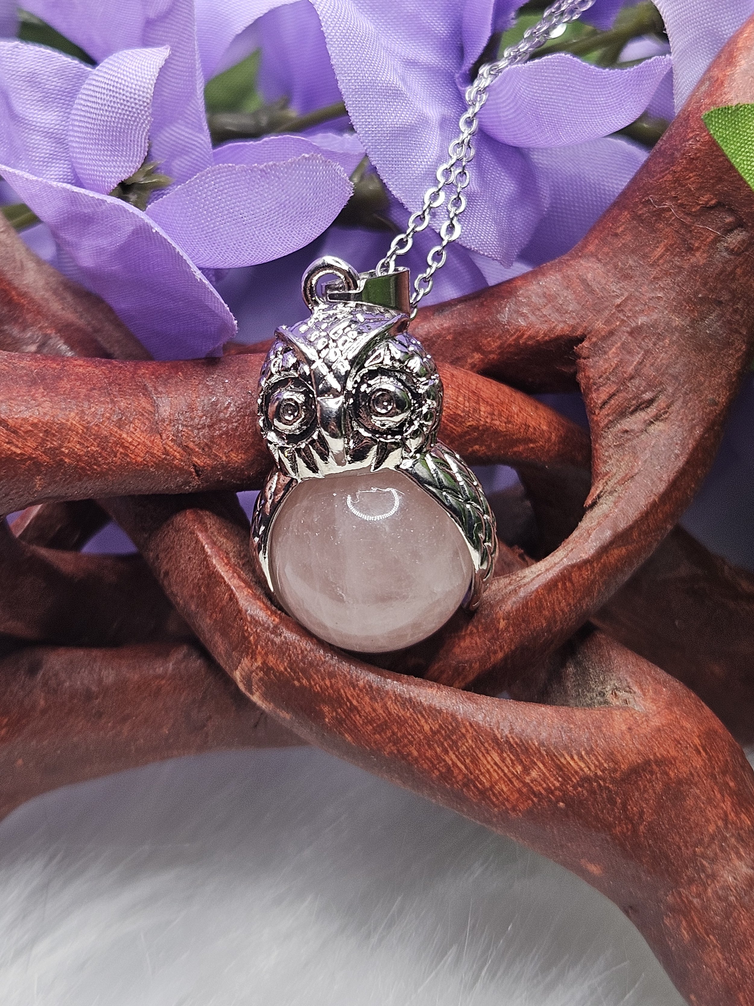 Rose Quartz Fidget Spinner Owl Pendant