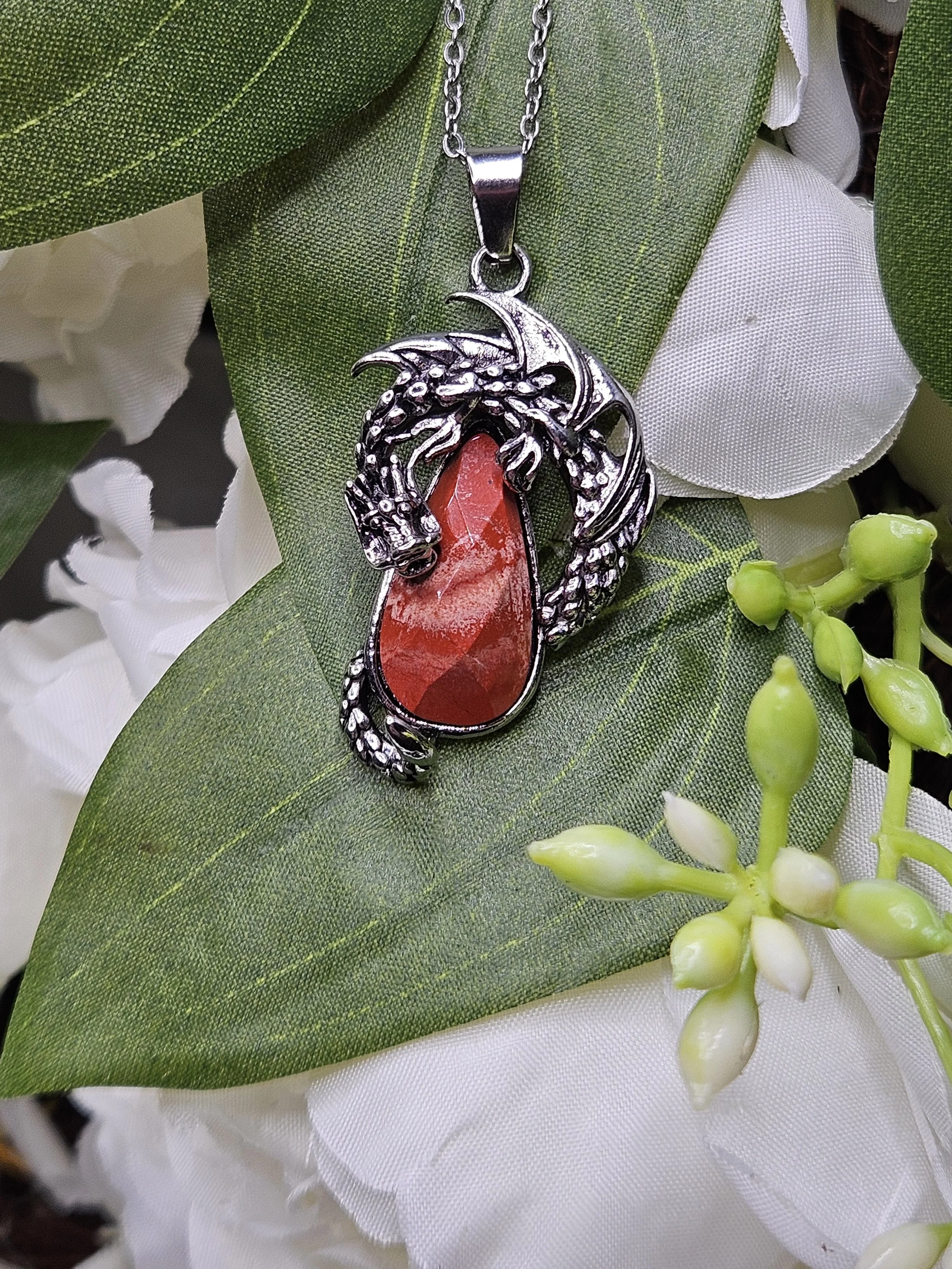 Red Jasper with Banding Faceted Teardrop Dragon Pendant