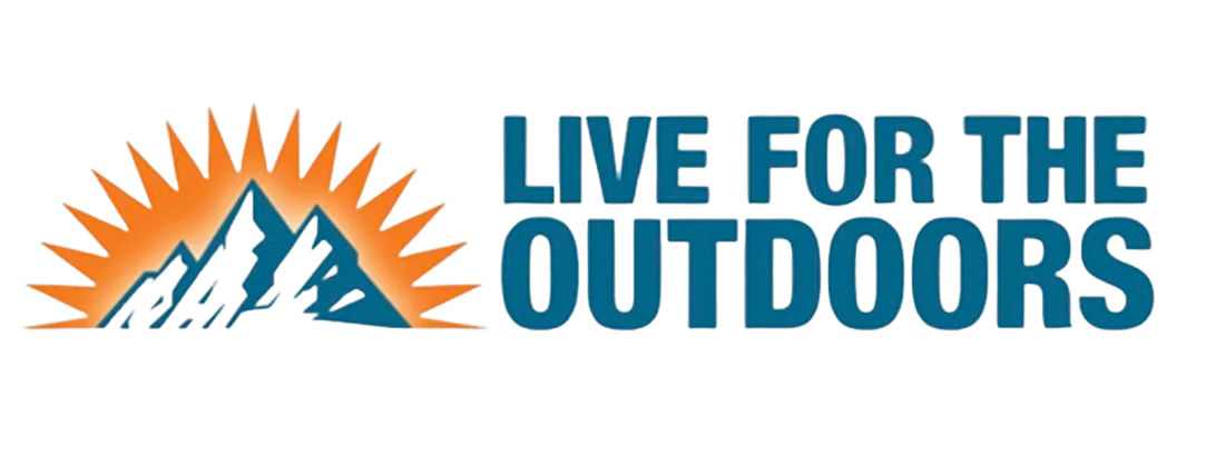 Logo with a mountain, sun, and the text "Live for the Outdoors" in blue and gray.