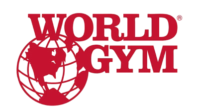 World Gym logo in red with a globe and a person lifting weights.