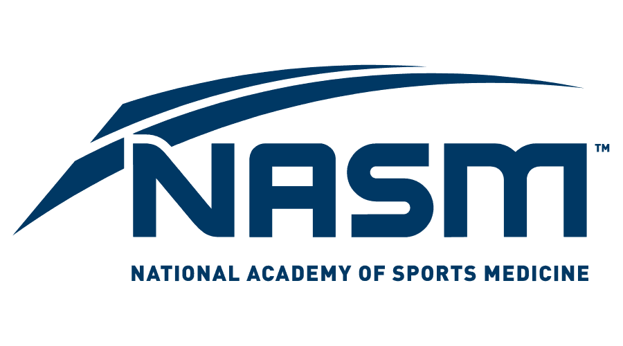 LOGO of NASM, the National Academy of Sports Medicine, in blue with a stylized swoosh design above the text.