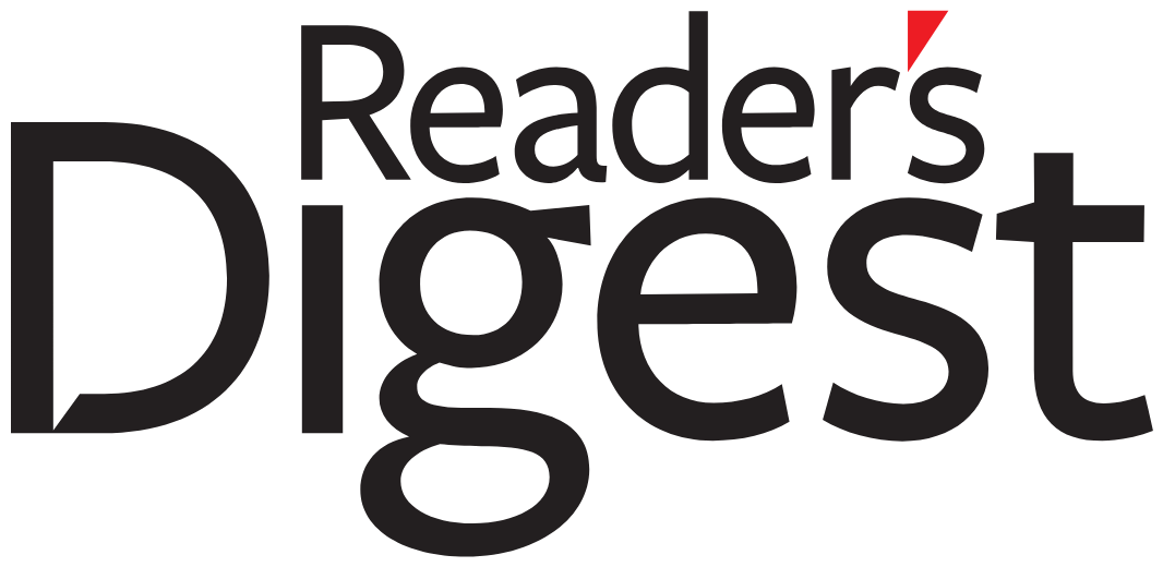 Logo of Readers Digest with black text and a red apostrophe