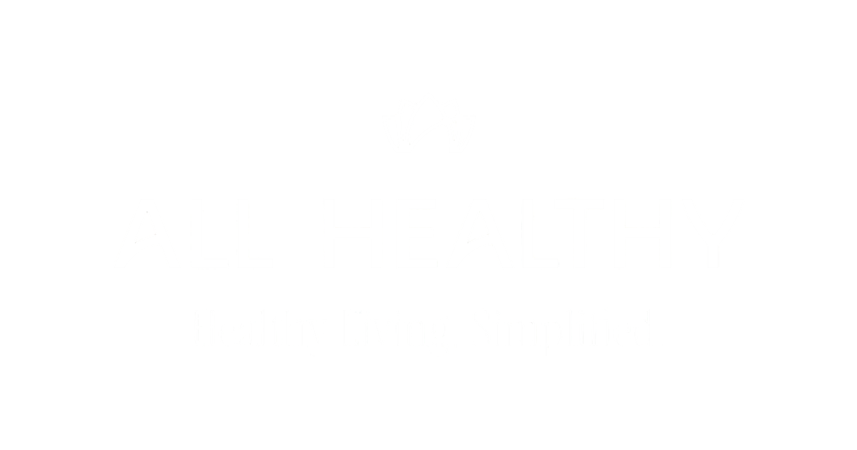 Black and white logo with a stylized lotus flower and the text, 'ALL HEALTHY' and 'Healthy Living, Simplified.'