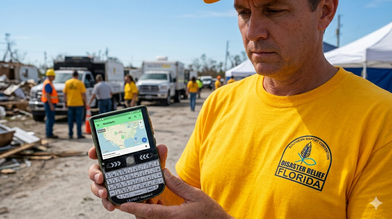 Disaster Relief Volunteer holding T-Deck Meshtastic Device