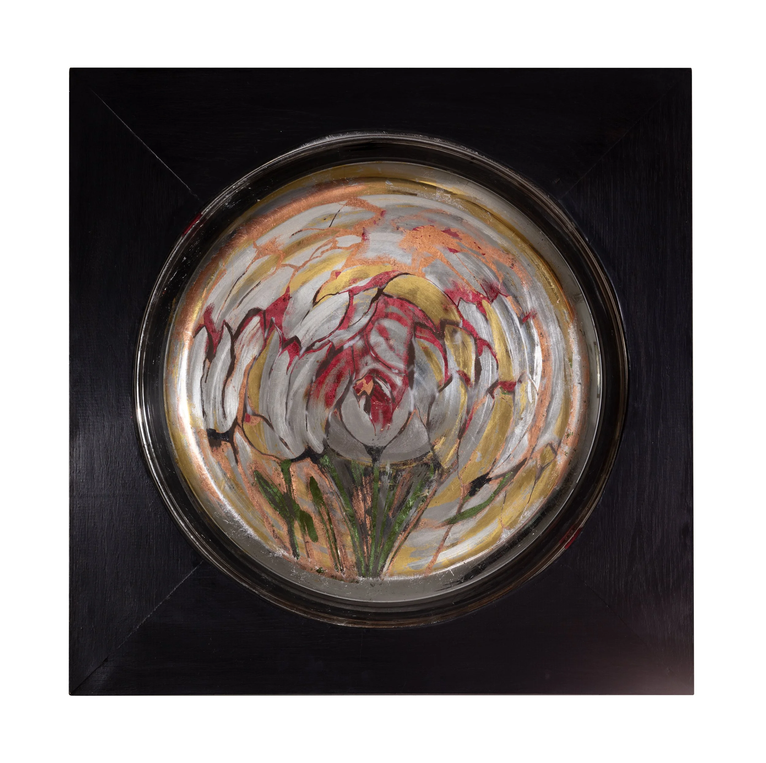 Tanja McGivney,Focusing on nature,2025,various metal leaves reverse gilded onto glass, 20x20 - Tanja McGivney.jpg