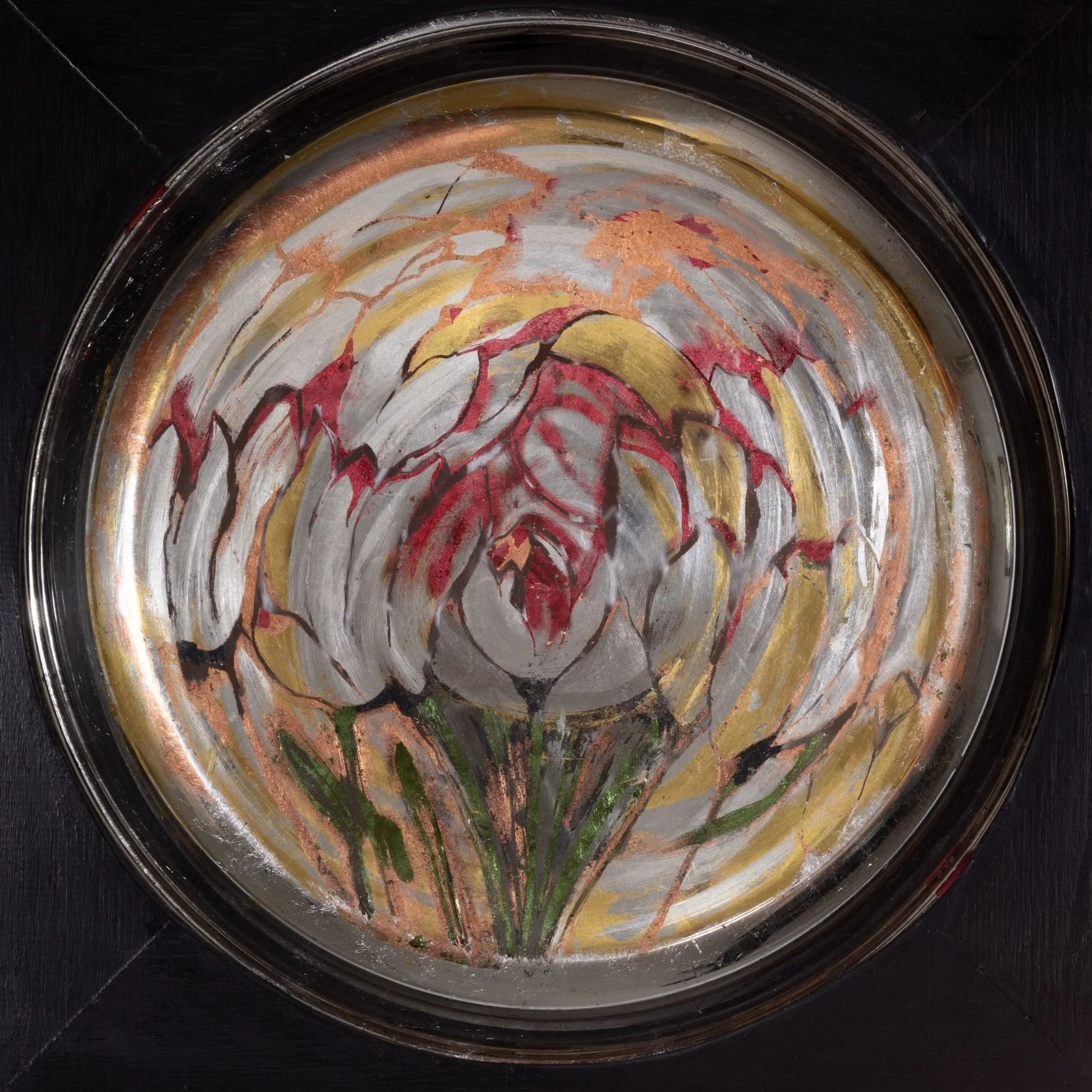 Tanja McGivney,Focusing on nature,2025,various metal leaves reverse gilded onto glass, 20x20 - Tanja McGivney.jpg