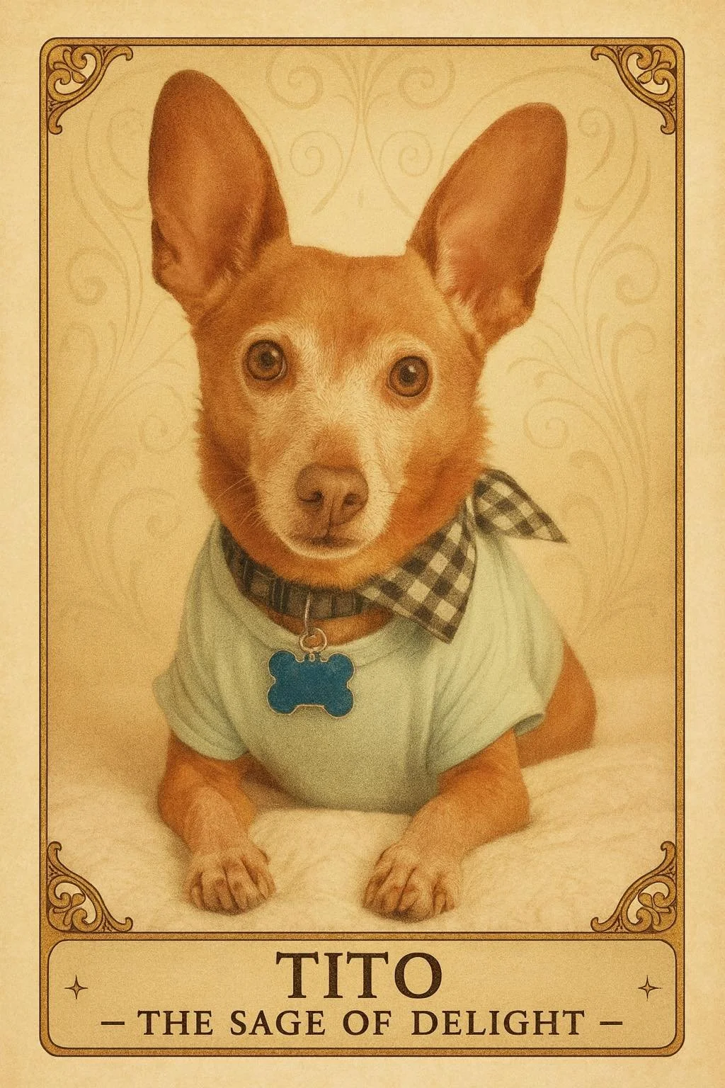 I saw an ad here on Facebook for pet tarot/wisdom card and&hellip; here is Tito! His reading and little rituals were beautiful. I actually teared up reading it 🥹 I have one for Gigi ordered and might do one for Maggie and Spunky that have both cross