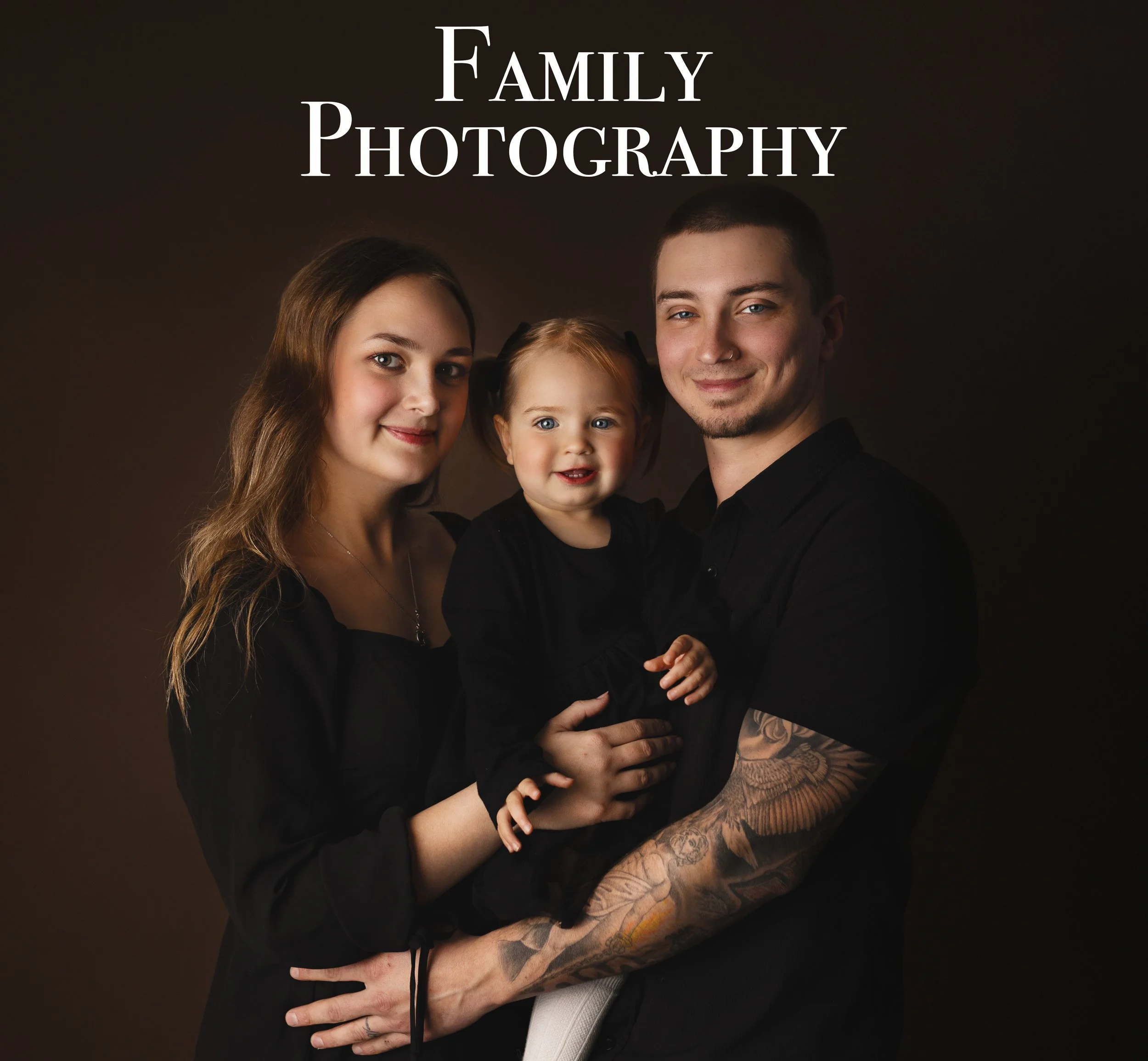 A family of three, a man, a woman, and a young girl, posing together for a portrait with the text 'Family Photography' above them. Louisville Kentucky Family Photographer