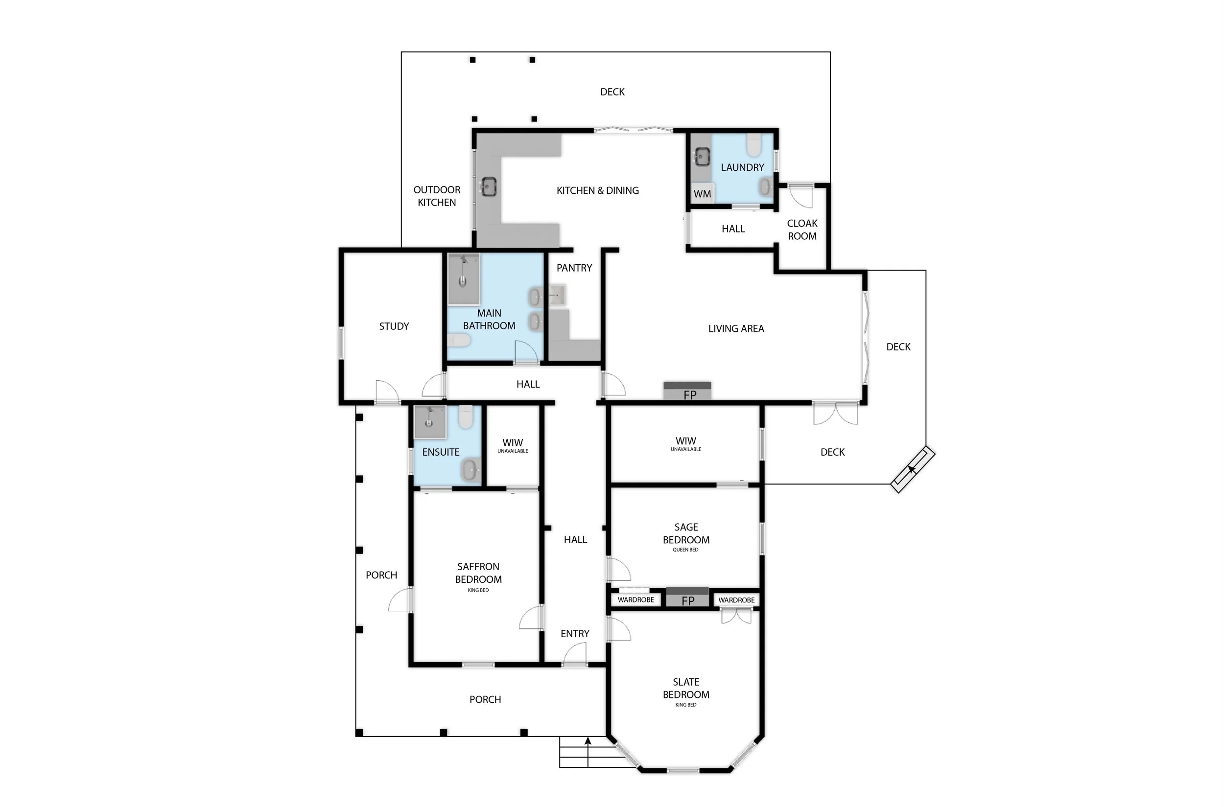 Floor plan of a large villa with four bedrooms, a study, large open plan living and kitchen, three bathrooms and several large porches and decks. Great for weekend stays, small weddings and post wedding events.