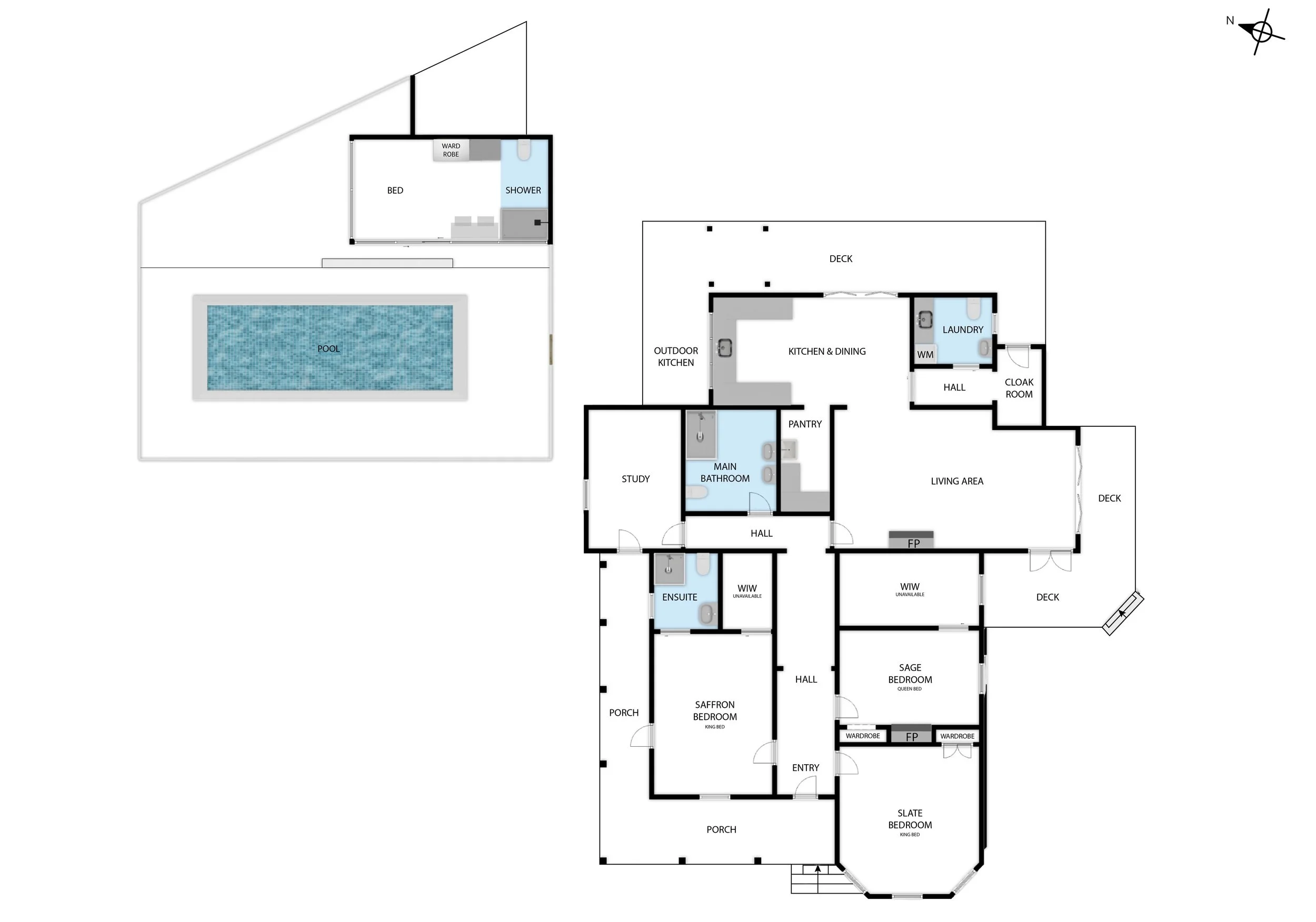Floor plan of a large villa and poolhouse with four bedrooms, three bathrooms, a large openplan kitchen and living area with study, laundry and cloakroom. Great for weekend stays, group gatherings, celebrations and holidays.