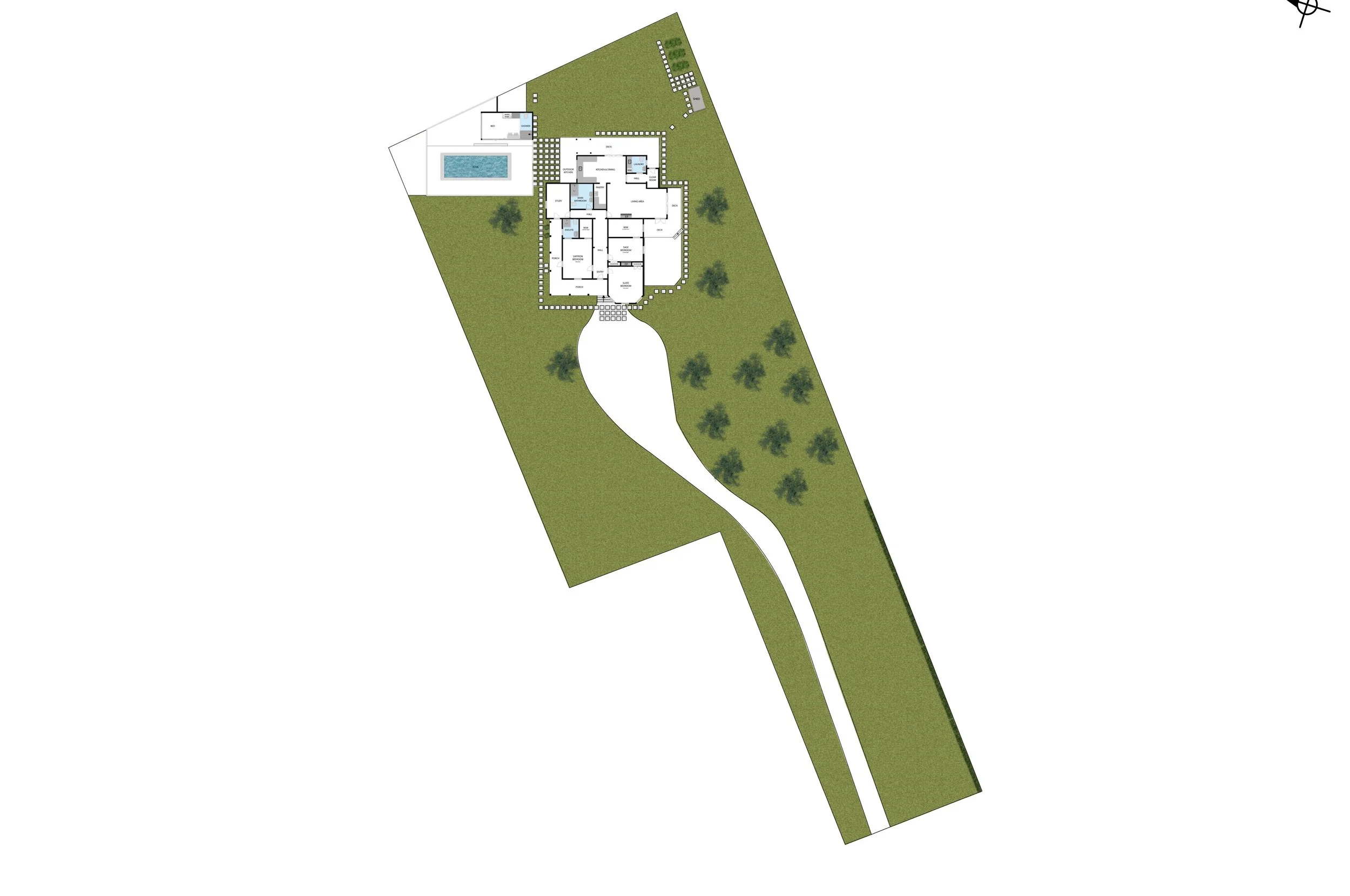 A site plan of a large villa, with swimming pool and pool house, set at the end of a curving drive surrounded by sprawling lawns and trees on a large country section. Great for weekend stays, small weddings and post wedding events.