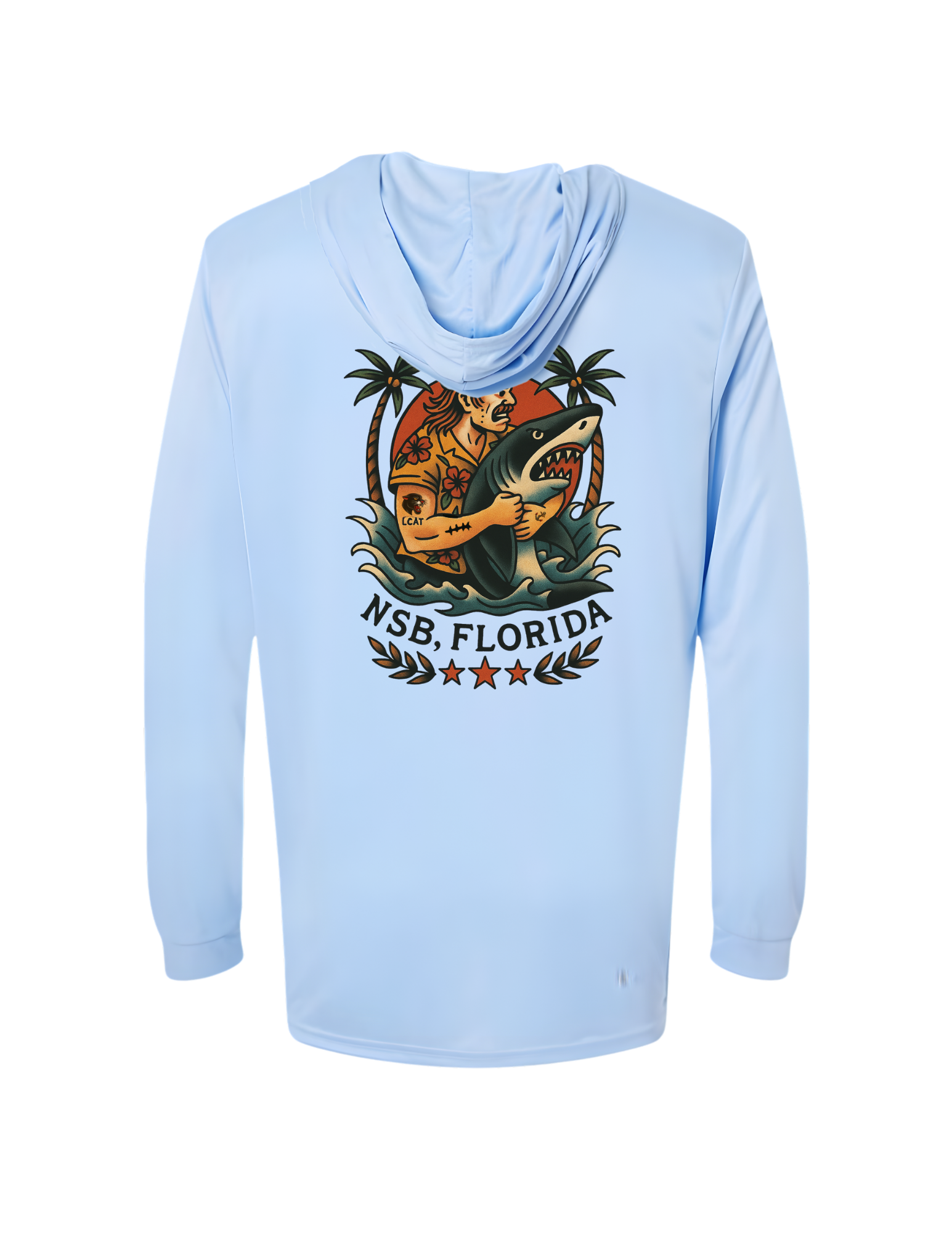 LCAT “Shark Wrestler” UPF50+ Blue Mist Hooded Performance Shirt