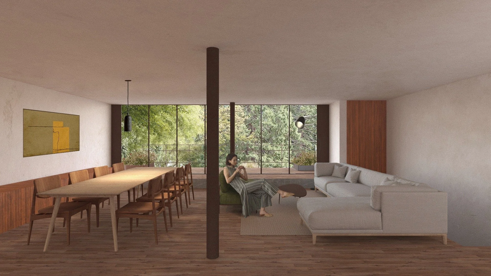 Vista interior de una sala y comedor con acabado moderno, muebles de madera, un sillón gris claro, una mujer sentada usando un teléfono móvil, ventanas grandes con vista a árboles verdes.