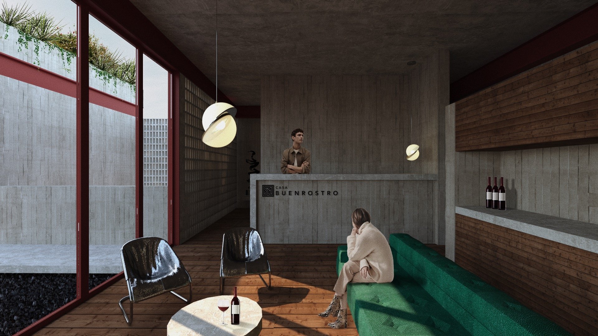 Interiores de una casa moderna con una persona sentada en un sillón verde y otra en la recepción de bienvenida