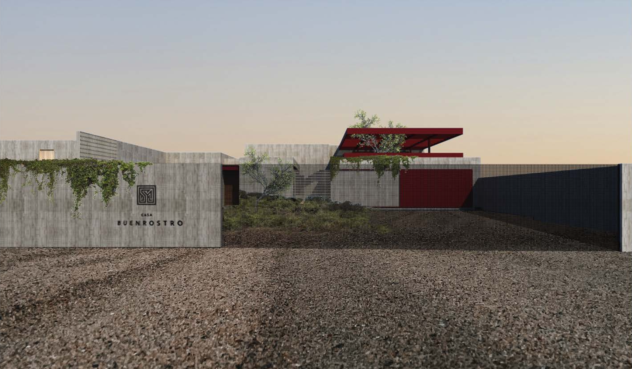 Vista frontal de una casa moderna con paredes de concreto, áreas verdes y estructura de acero roja en el techo.