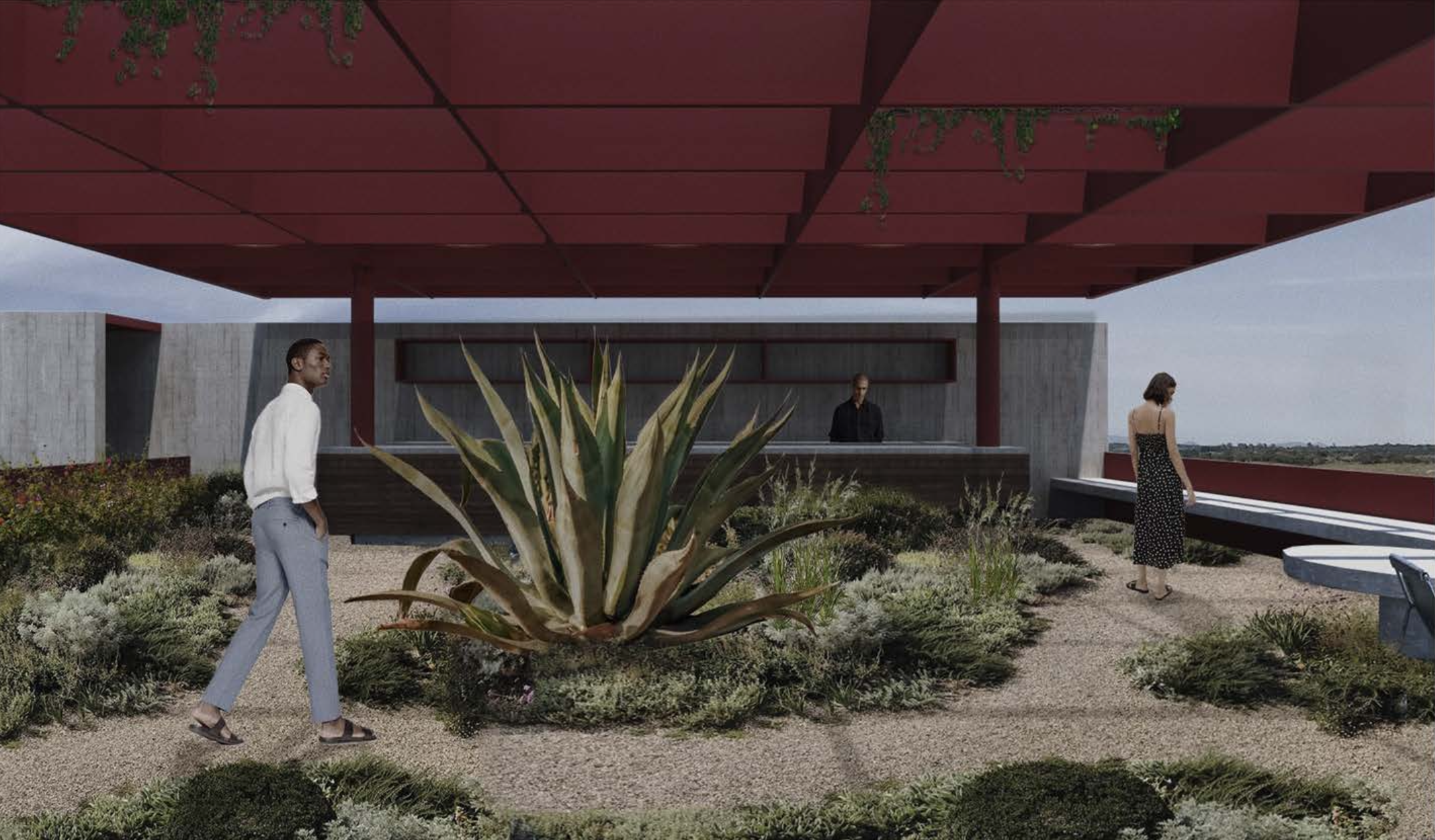 Personas en un espacio exterior, con plantas y un edificio moderno con un techo rojo, en un día nublado.