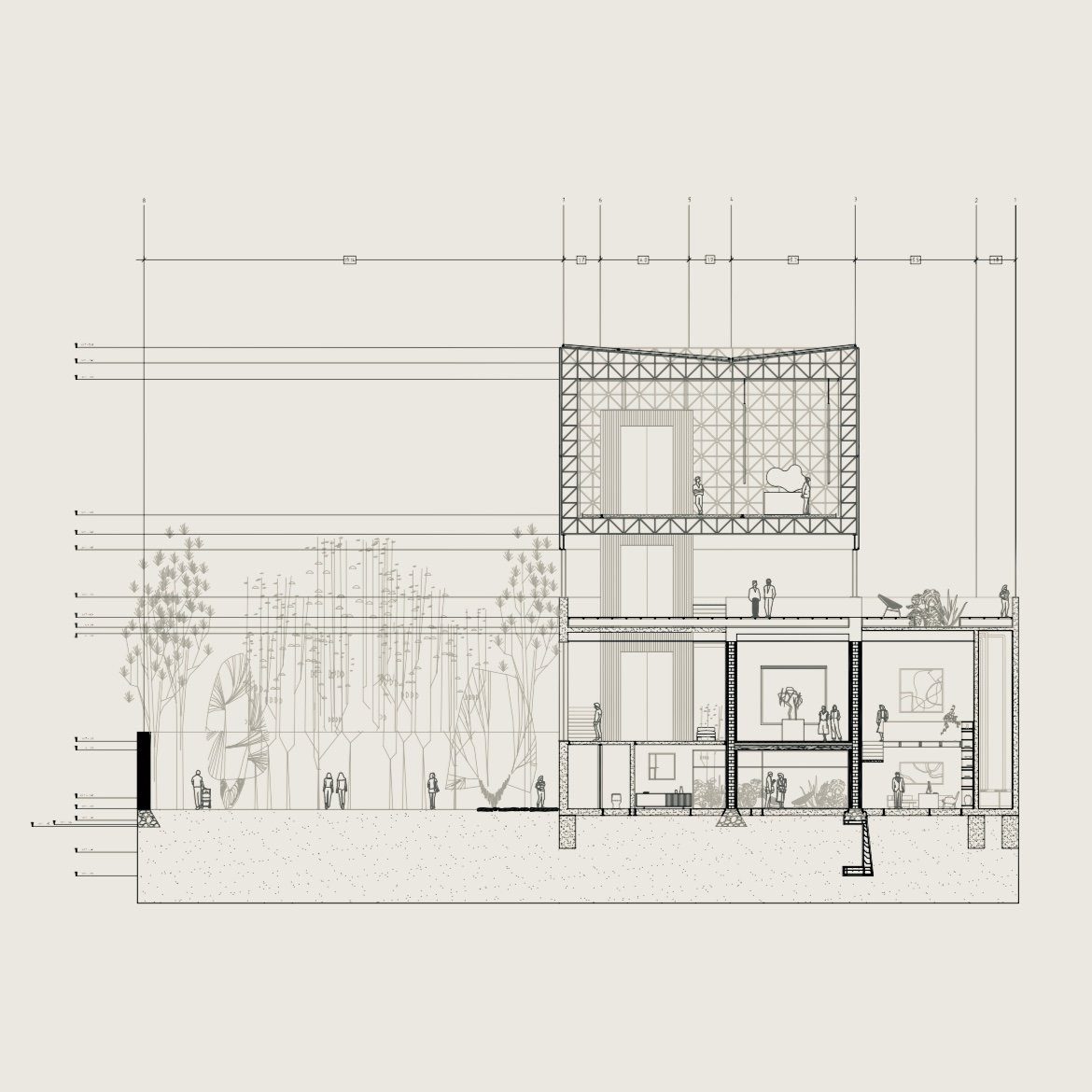Plano arquitectónico de una estructura moderna, con varias plantas, incluyendo áreas interiores y exteriores, y personas en diferentes niveles del edificio.