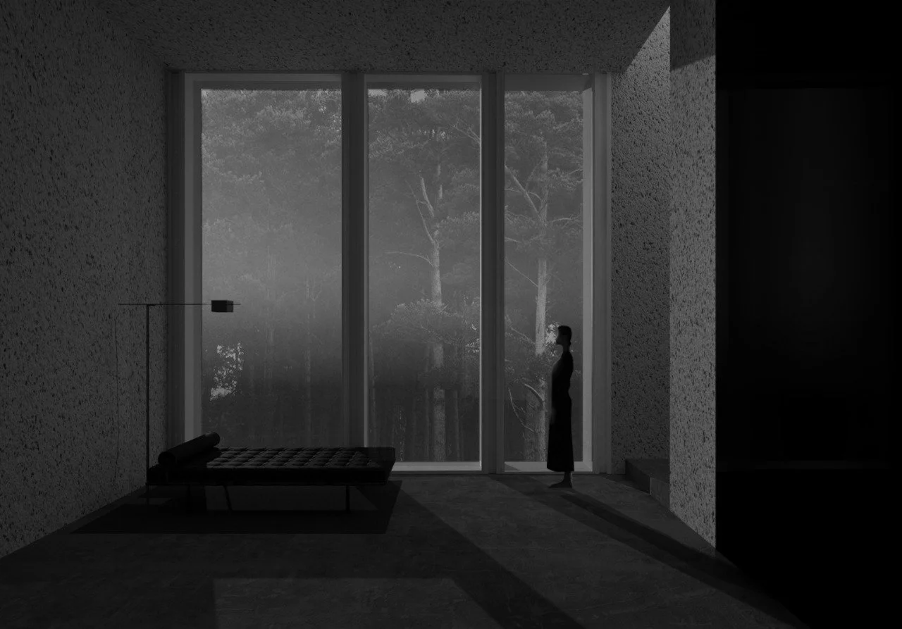 Una silueta de una mujer de pie en un interior moderno con paredes de textura áspera, un sofá y una lámpara de pie, con grandes ventanas que muestran un bosque con árboles.