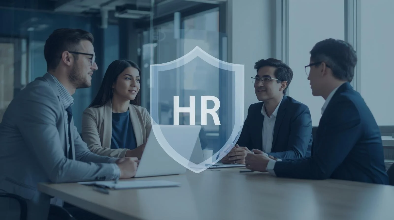 Four professionals in business attire sitting at a table in a glass-walled conference room having a meeting, with a digital shield symbol displaying 'HR' overlaid on the image.