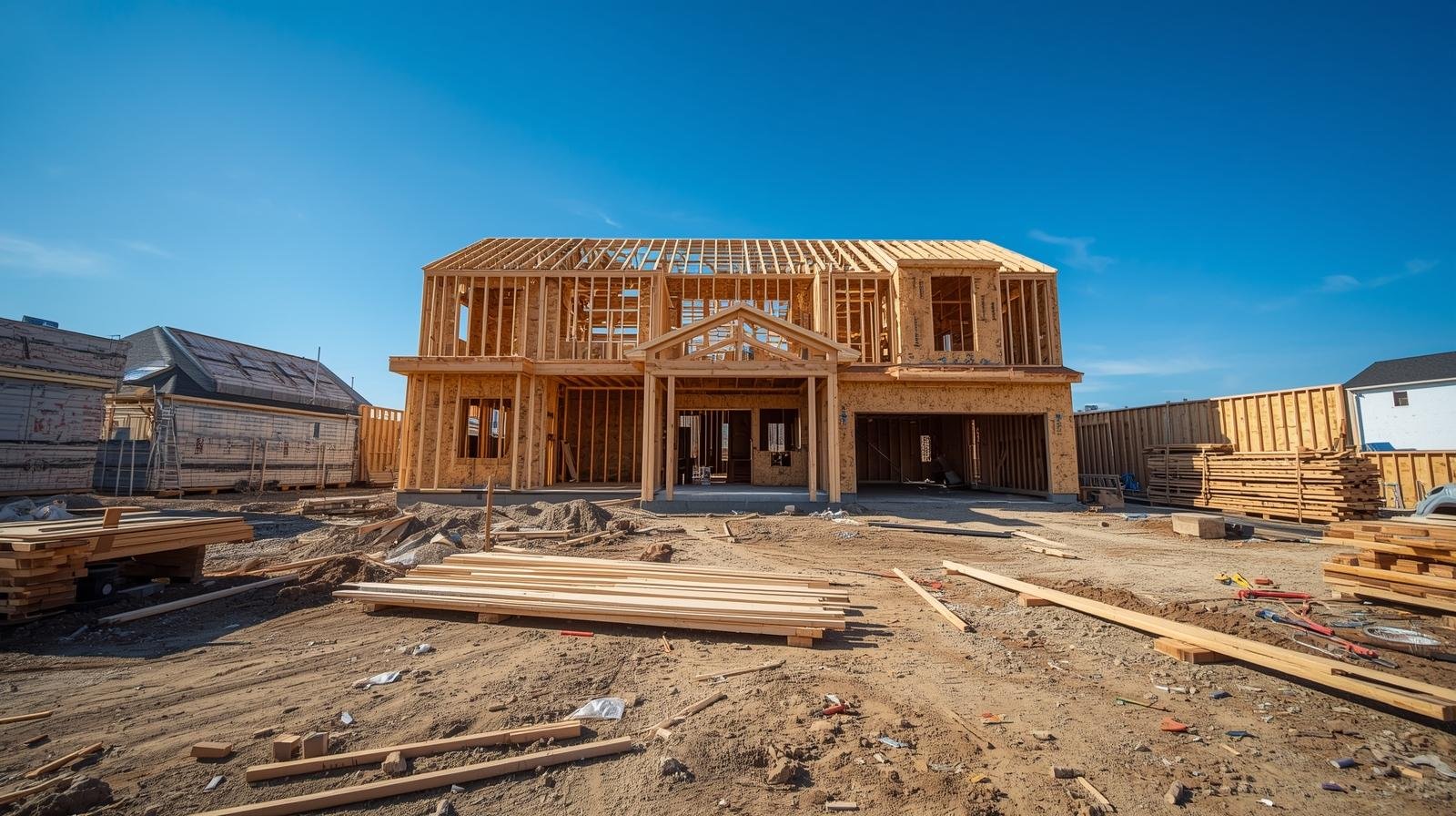 Under construction two-story house with wooden framing