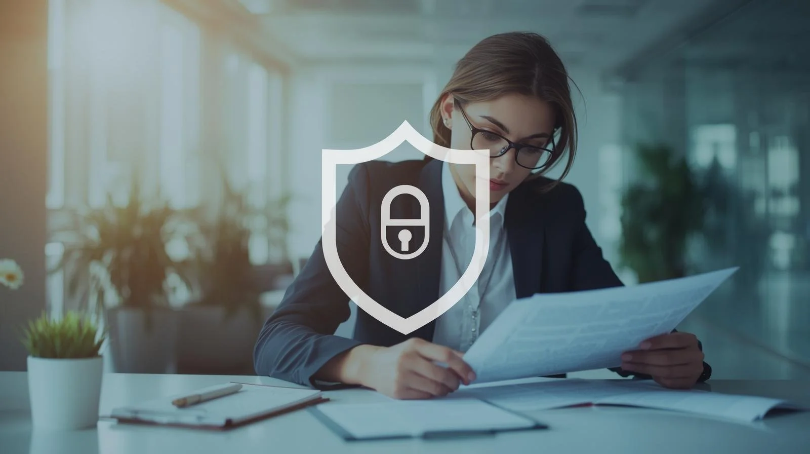A woman wearing glasses reads a document at a desk in an office, with a digital security lock icon overlaid.