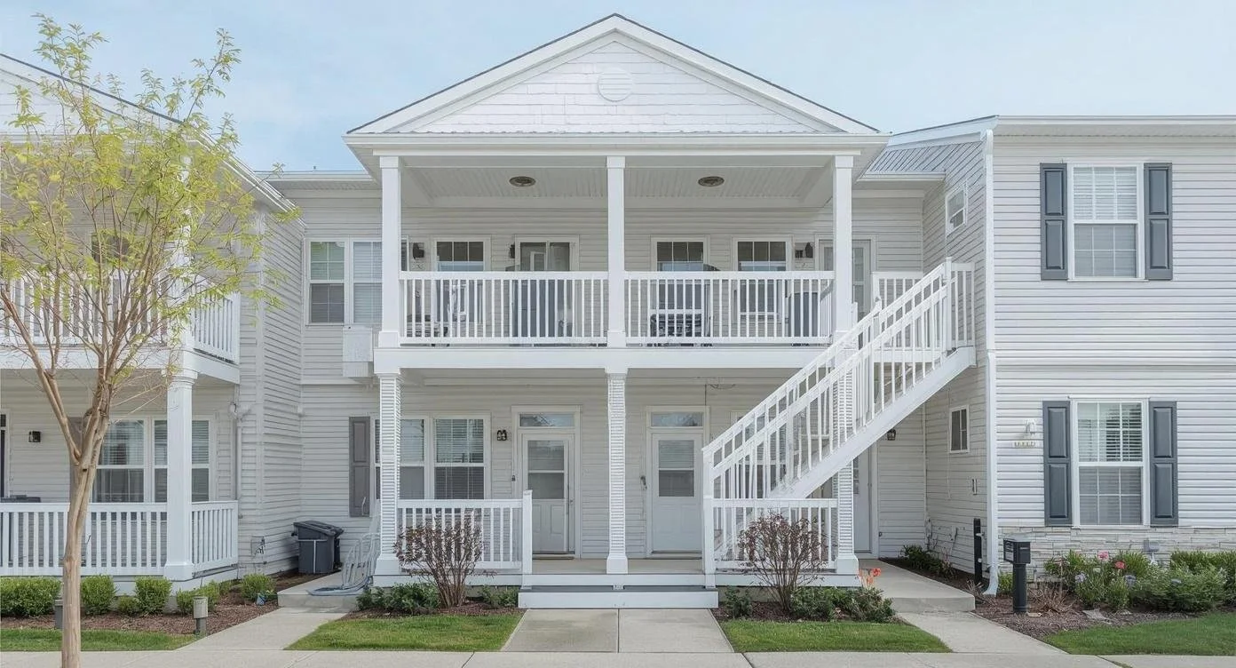 A two-story white apartment building with balconies, stairs, and front porches, surrounded by a small garden and sidewalk.