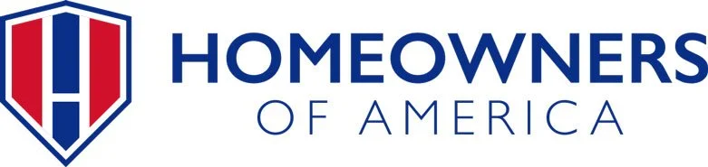 Homeowners of America logo featuring a shield with a blue, red, and white color scheme and the text 'Homeowners of America'.