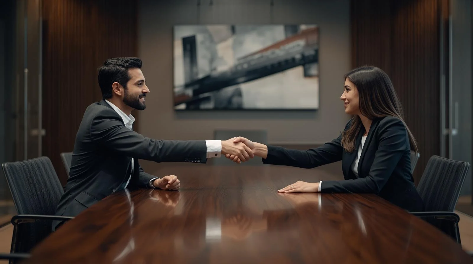 A man and woman in business attire shake hands across a conference table in a modern office.