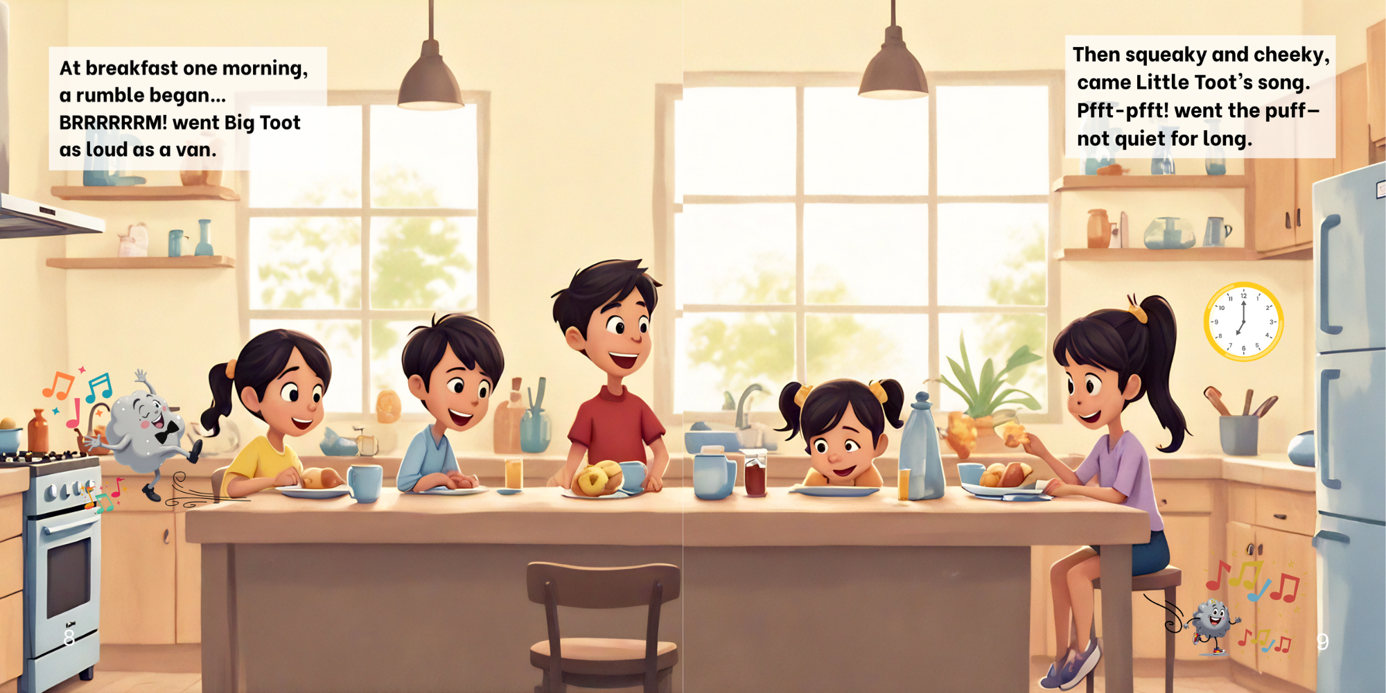 A family of five, including two children, sitting at a kitchen island breakfast table, happily eating. A joyful cloud-shaped character is dancing and singing on the left, while a smaller character with musical notes is sitting on a chair near the ref