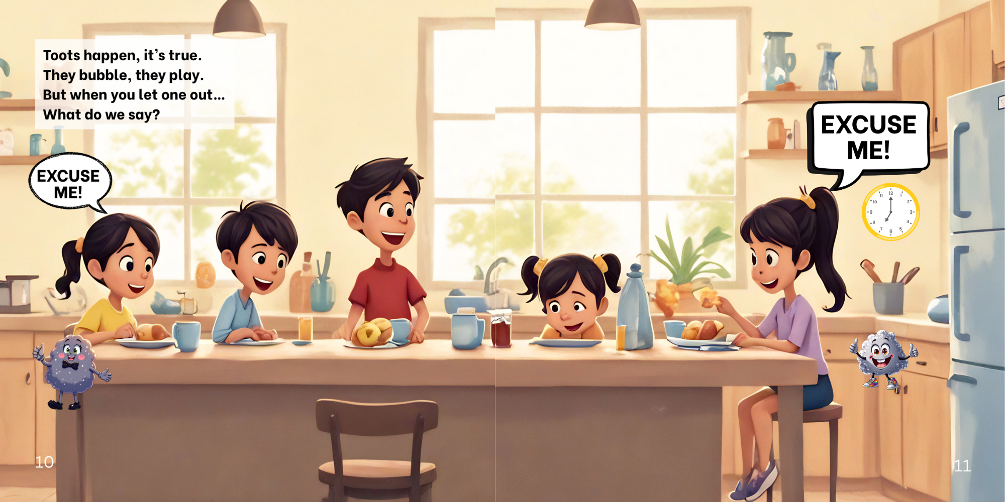 Animated family in a kitchen having breakfast, with children showing playful expressions and speech bubbles saying 'Excuse me!' and a poem about toots.